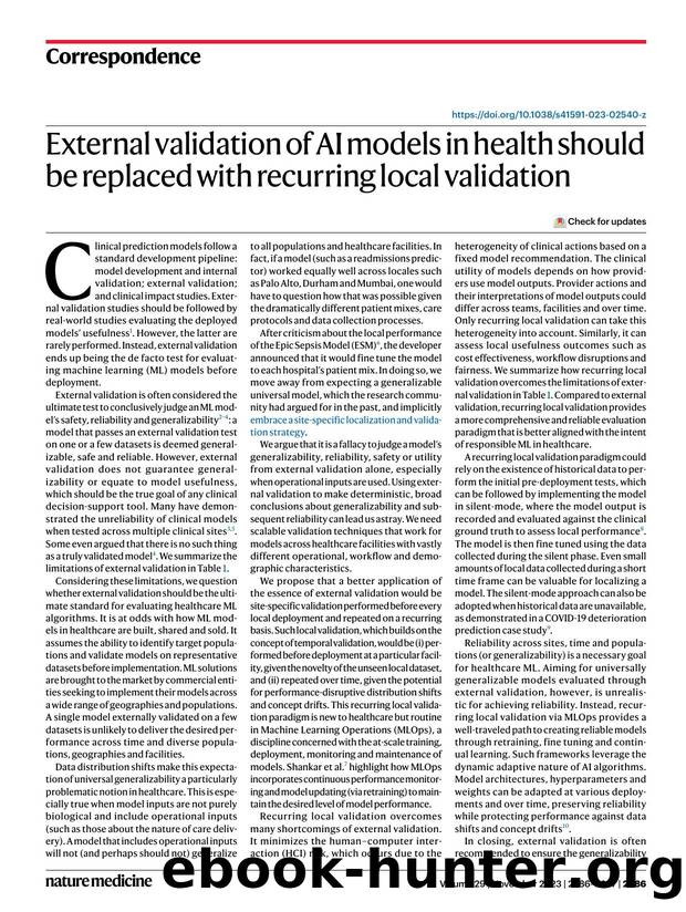 External validation of AI models in health should be replaced with recurring local validation by Alexey Youssef & Michael Pencina & Anshul Thakur & Tingting Zhu & David Clifton & Nigam H. Shah
