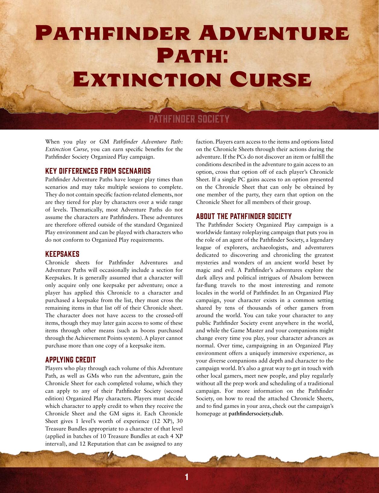 Extinction Curse AP by PFS Chronicle Sheets