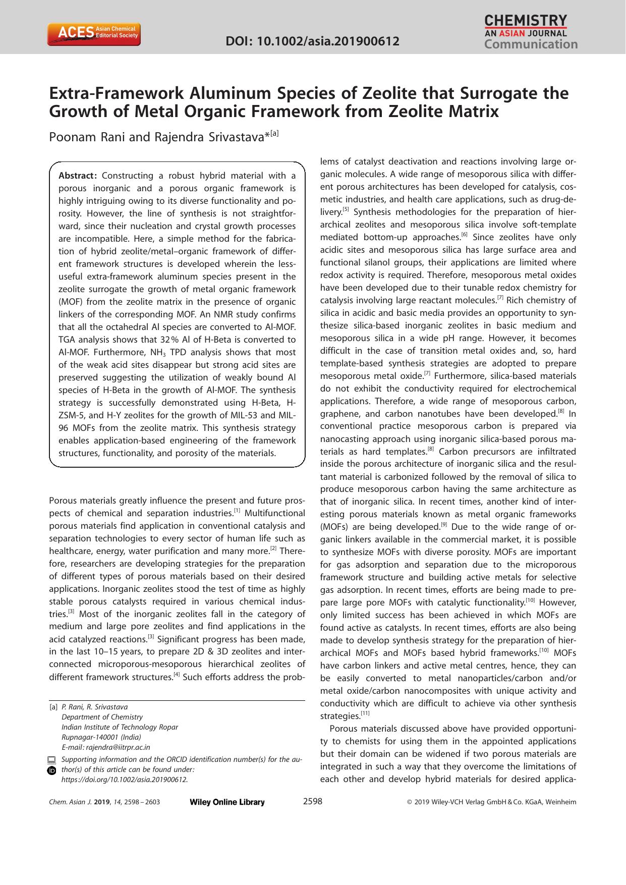 ExtraâFramework Aluminum Species of Zeolite that Surrogate the Growth of Metal Organic Framework from Zeolite Matrix by Unknown