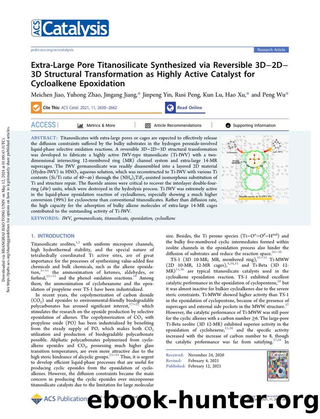 Extra-Large Pore Titanosilicate Synthesized via Reversible 3Dâ2Dâ3D Structural Transformation as Highly Active Catalyst for Cycloalkene Epoxidation by Meichen Jiao Yuhong Zhao Jingang Jiang Jinpeng Yin Rusi Peng Kun Lu Hao Xu & Peng Wu