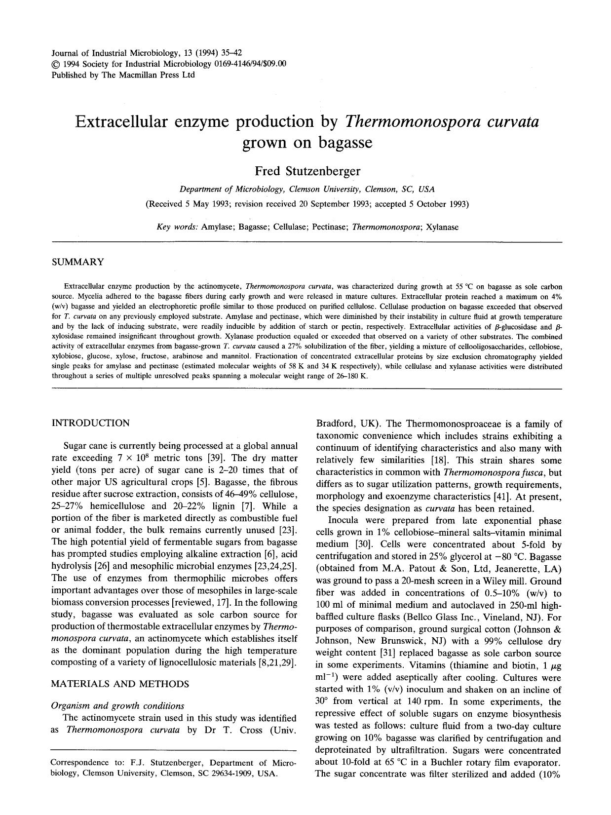 Extracellular enzyme production by <Emphasis Type="Italic">Thermomonospora curvata <Emphasis> grown on bagasse by Unknown