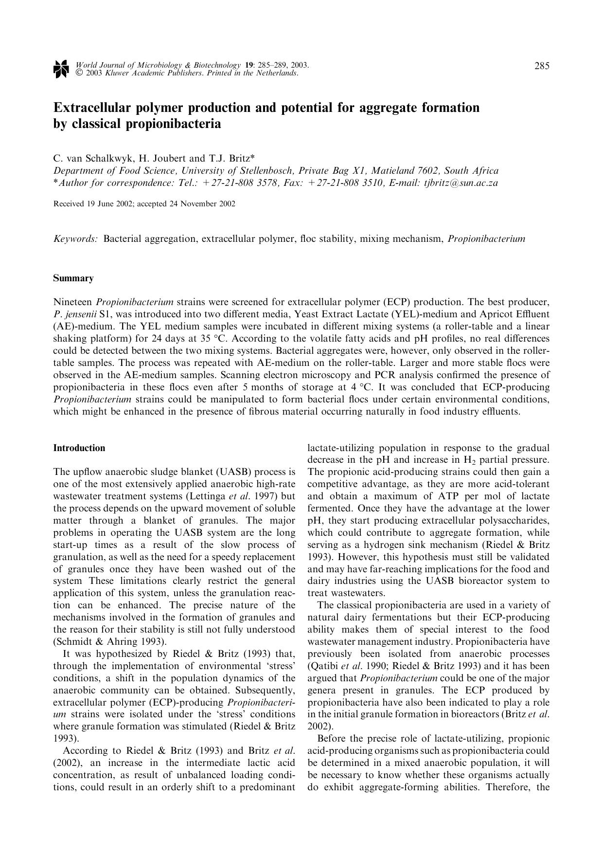 Extracellular polymer production and potential for aggregate formation by classical propionibacteria by Unknown