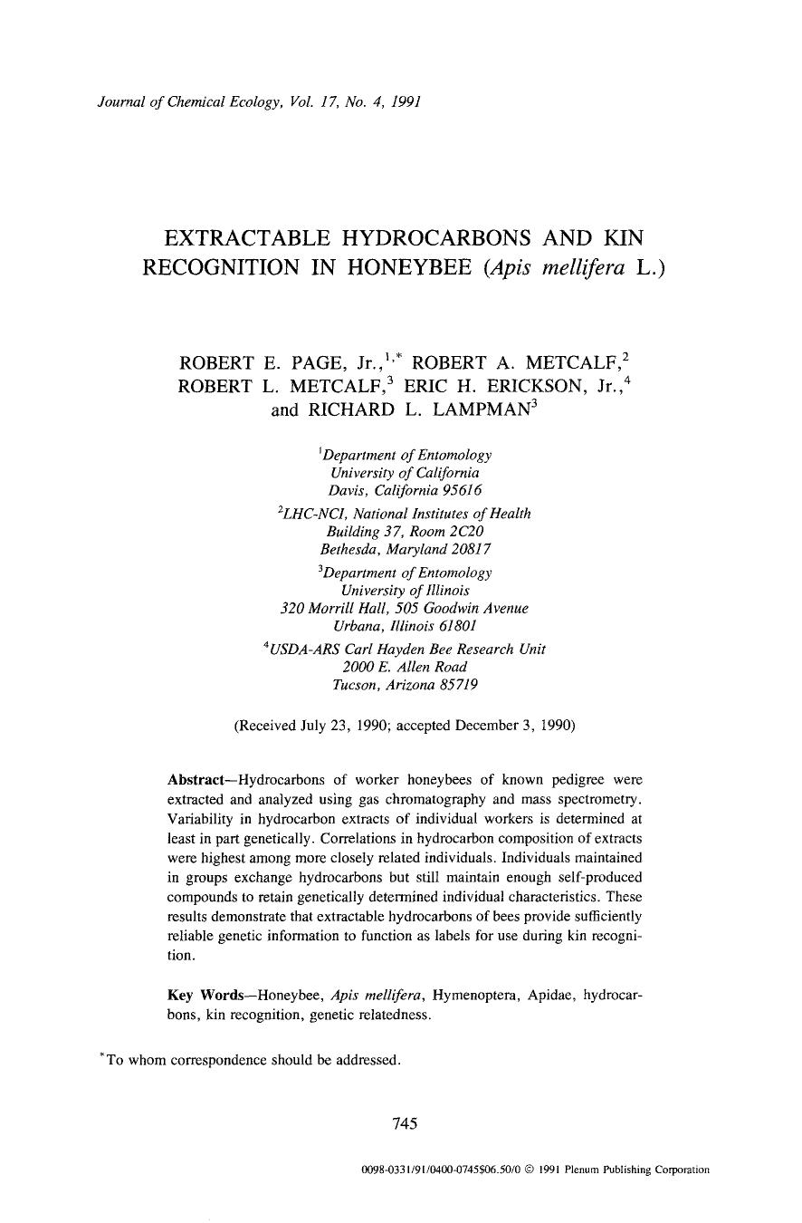 Extractable hydrocarbons and kin recognition in honeybee ( <Emphasis Type="Italic">Apis mellifera <Emphasis> L.) by Unknown