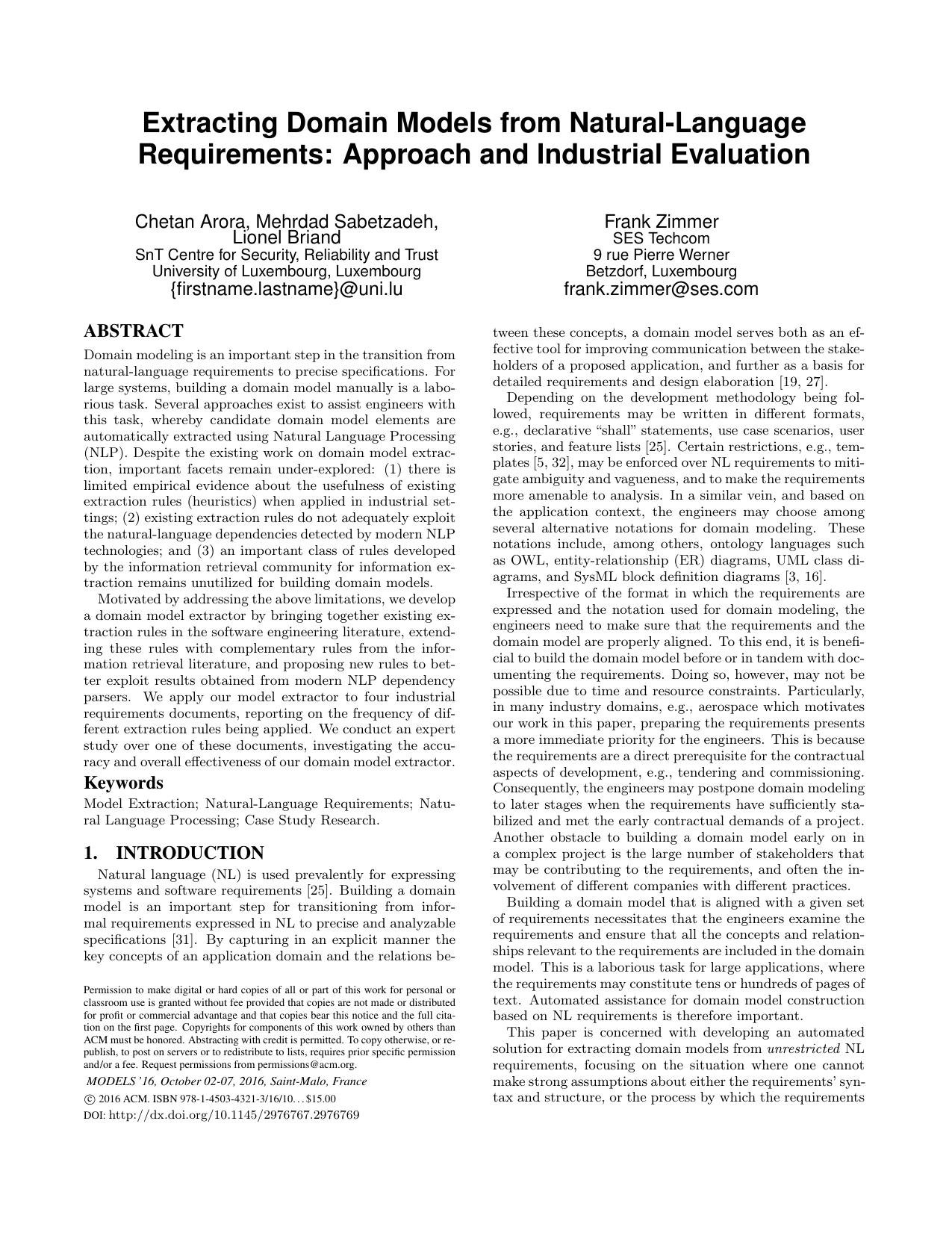 Extracting Domain Models from Natural-Language Requirements: Approach and Industrial Evaluation by Chetan Arora Mehrdad Sabetzadeh Lionel Briand Frank Zimmer