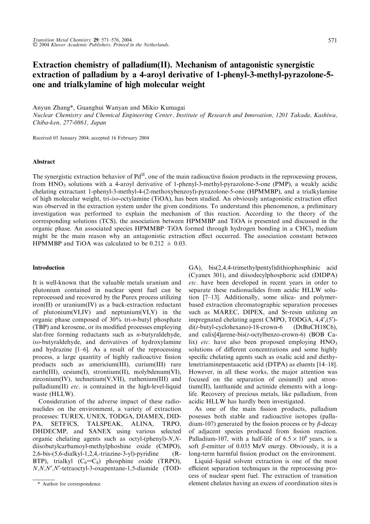 Extraction Chemistry of Palladium(II). Mechanism of Antagonistic Synergistic Extraction of Palladium By A 4-Aroyl Derivative of 1-phenyl-3-Methyl-Pyrazolone-5- one and Trialkylamin by Unknown