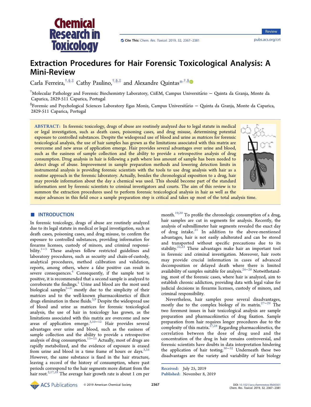 Extraction Procedures for Hair Forensic Toxicological Analysis: A Mini-Review by Carla Ferreira Cathy Paulino and Alexandre Quintas