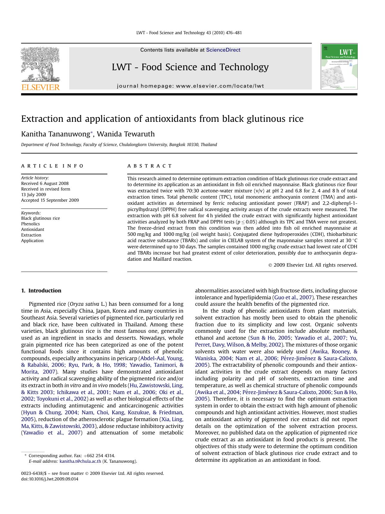 Extraction and application of antioxidants from black glutinous rice by Kanitha Tananuwong; Wanida Tewaruth