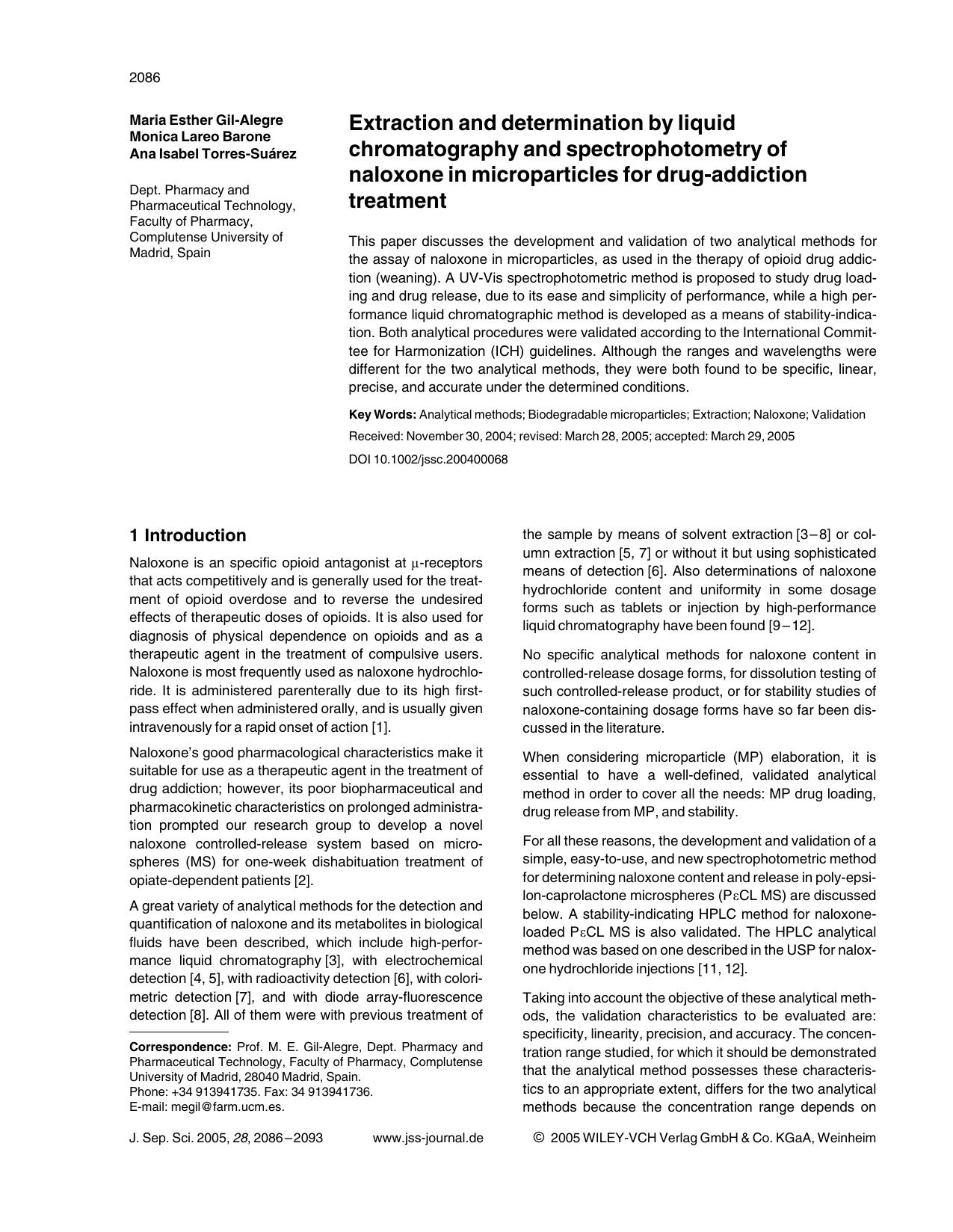 Extraction and determination by liquid chromatography and spectrophotometry of naloxone in microparticles for drug-addiction treatment by Unknown