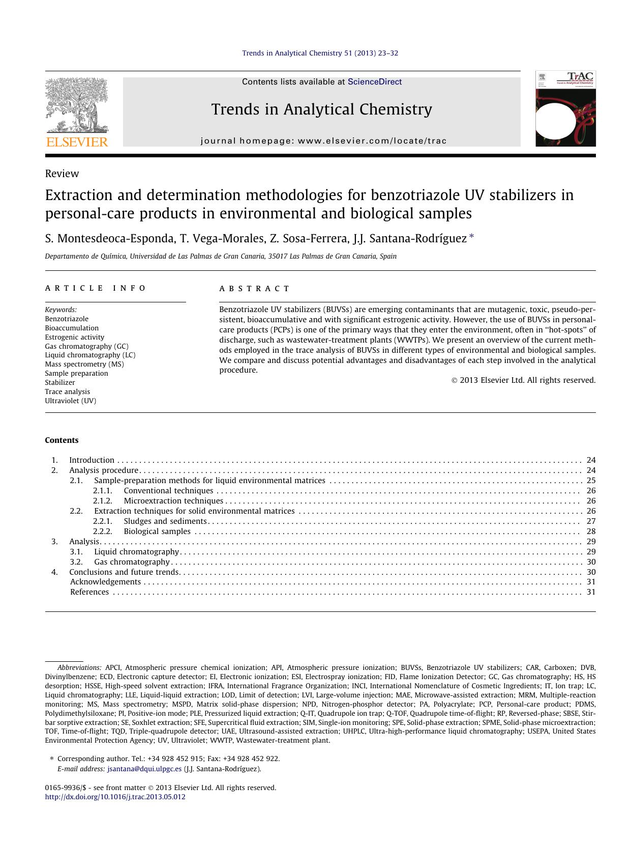 Extraction and determination methodologies for benzotriazole UV stabilizers in personal-care products in environmental and biological samples by S. Montesdeoca-Esponda & T. Vega-Morales & Z. Sosa-Ferrera & J.J. Santana-Rodríguez