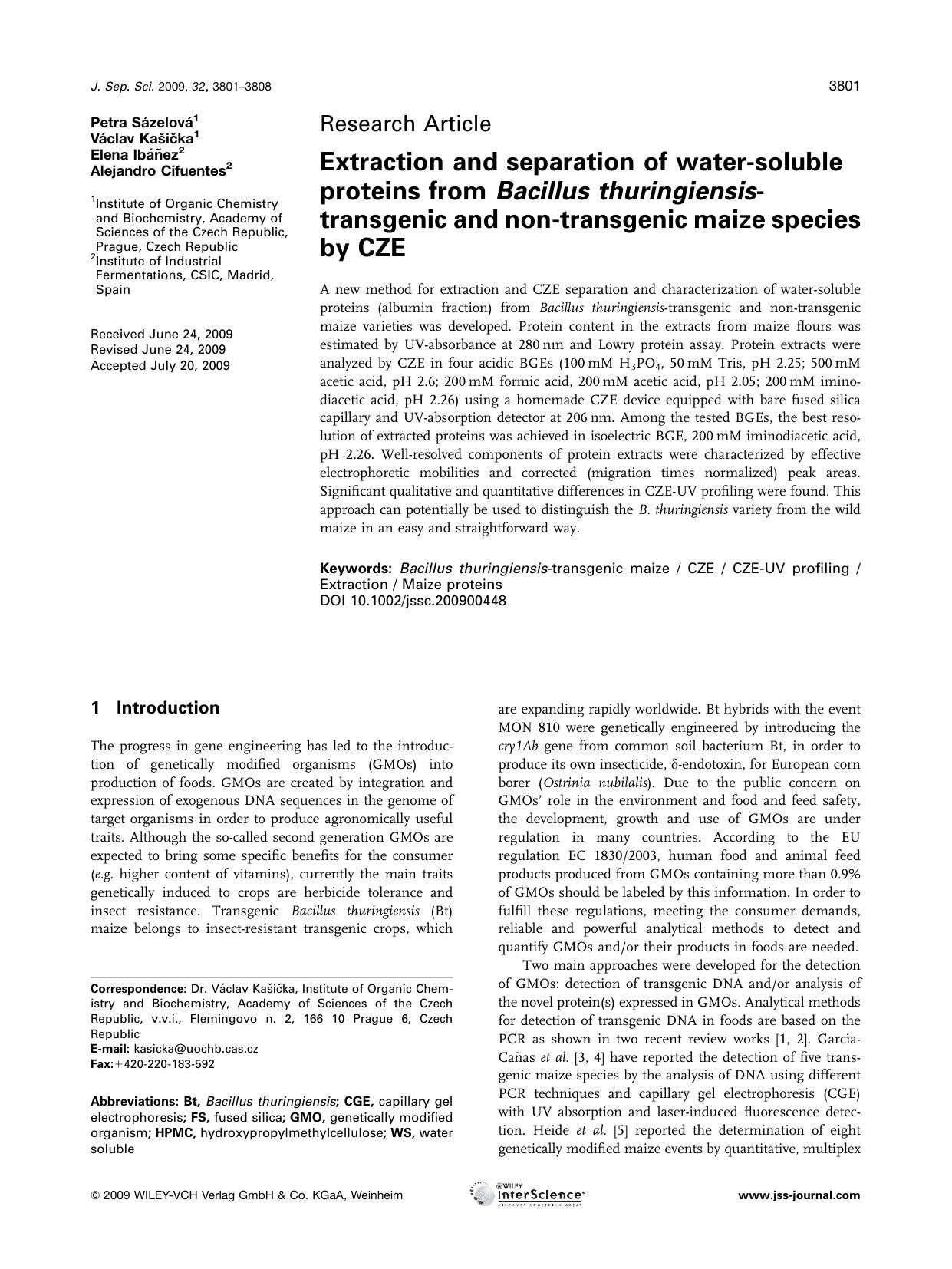 Extraction and separation of water-soluble proteins from Bacillus thuringiensis-transgenic and non-transgenic maize species by CZE by Unknown