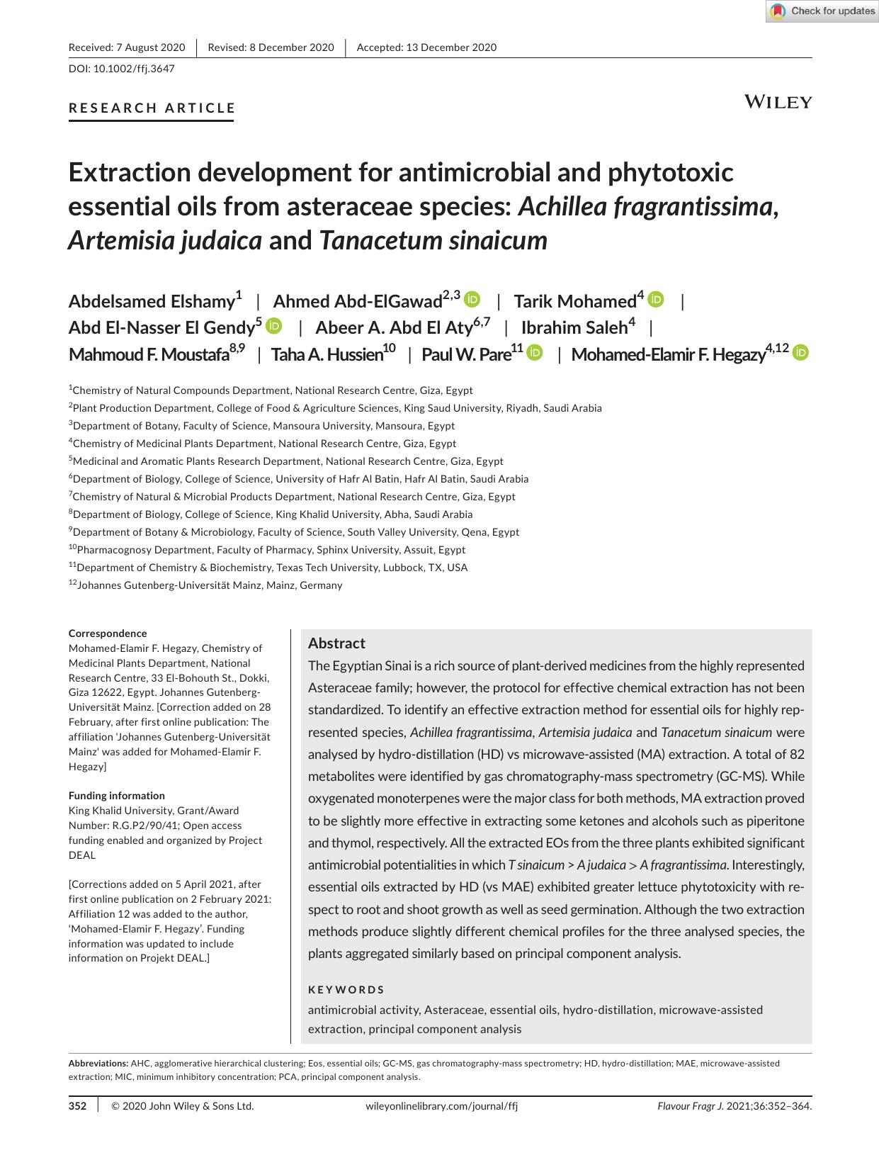 Extraction development for antimicrobial and phytotoxic essential oils from asteraceae species: Achillea fragrantissima, Artemisia judaica and Tanacetum sinaicum by Unknown