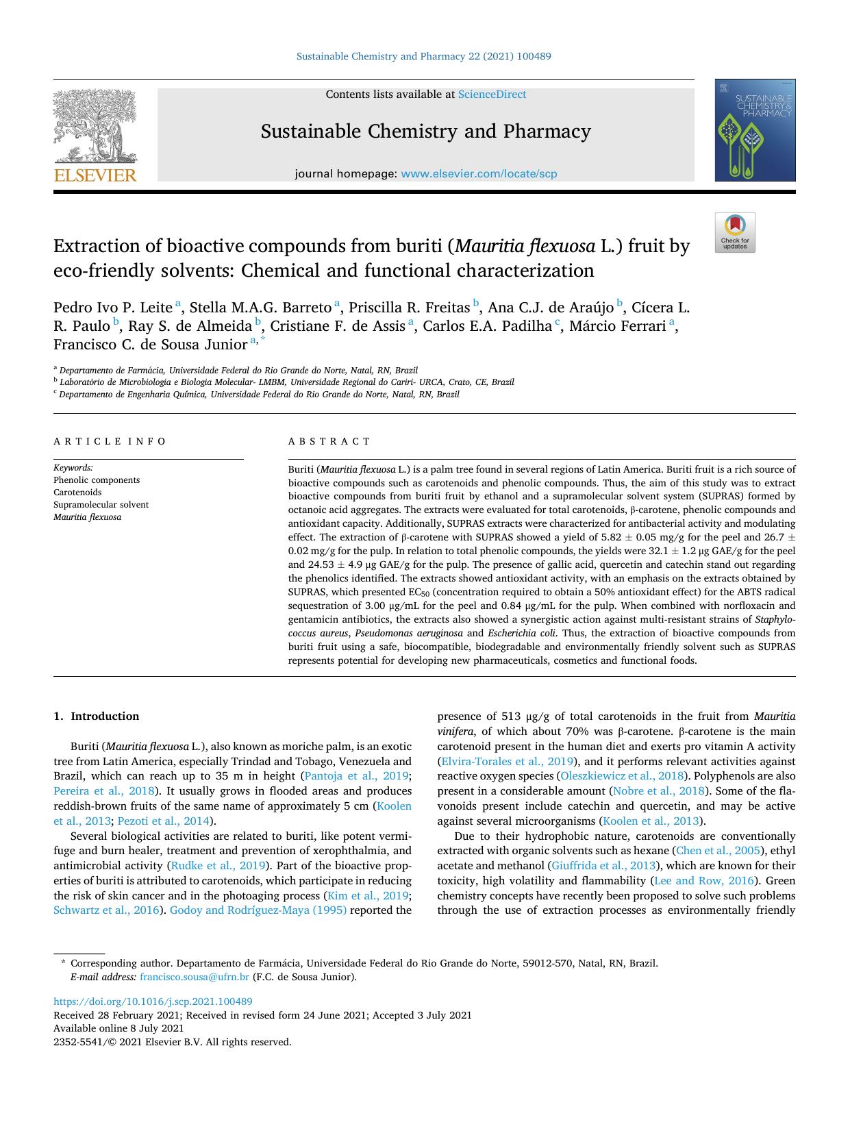 Extraction of bioactive compounds from buriti ( Mauritia flexuosa L.) fruit by eco-friendly solvents: Chemical and functional characterization by unknow