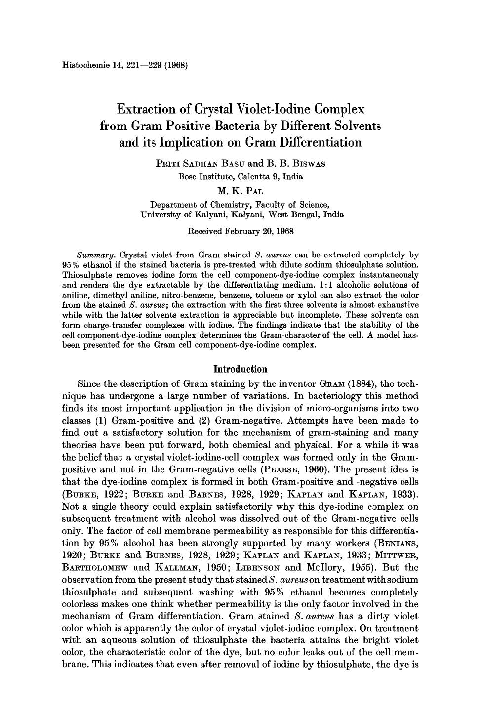 Extraction of crystal violet-iodine complex from gram positive bacteria by different solvents and its implication on gram differentiation by Unknown