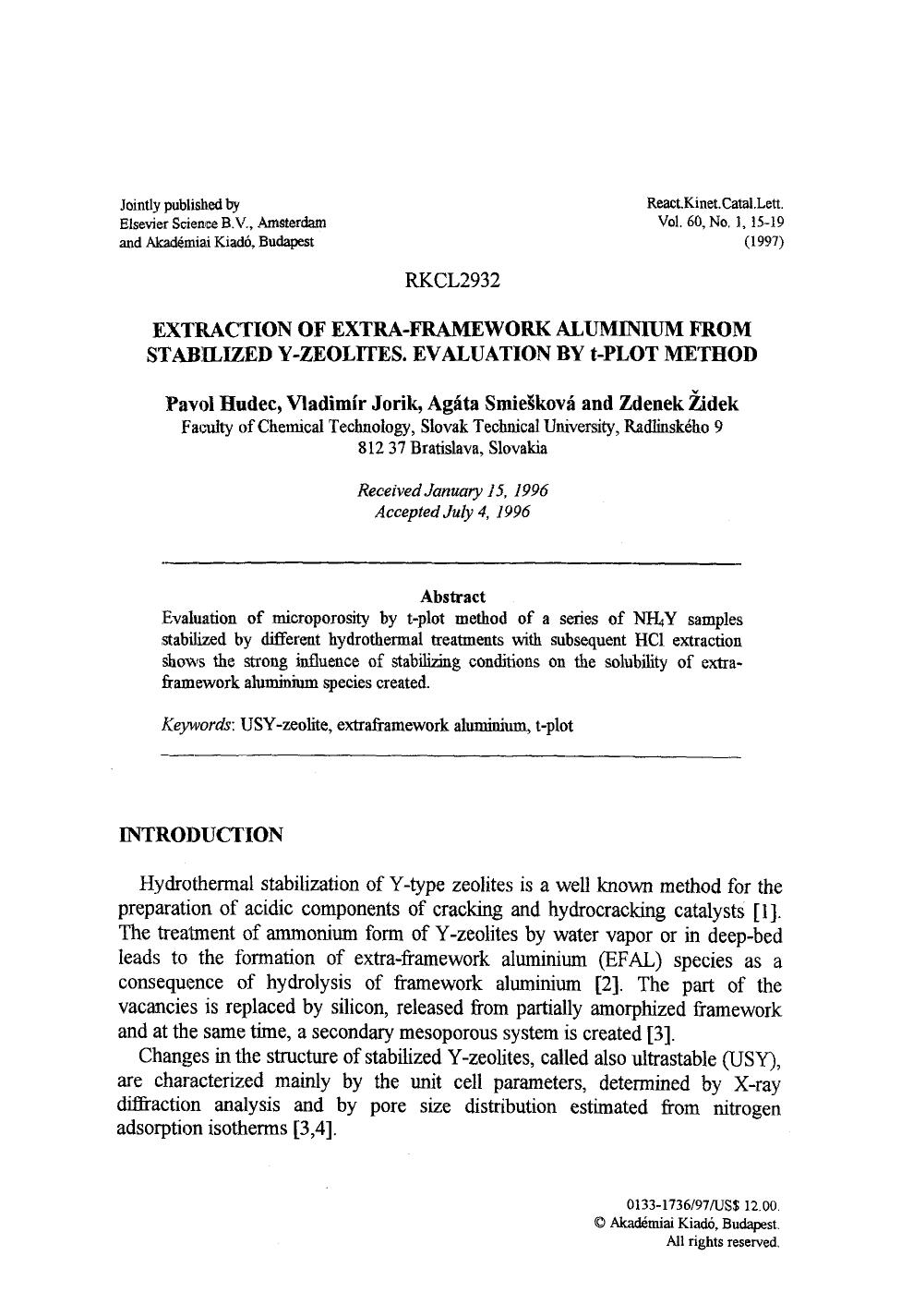 Extraction of extra-framework aluminium from stabilized y-zeolites. Evaluation by t-plot method by Unknown