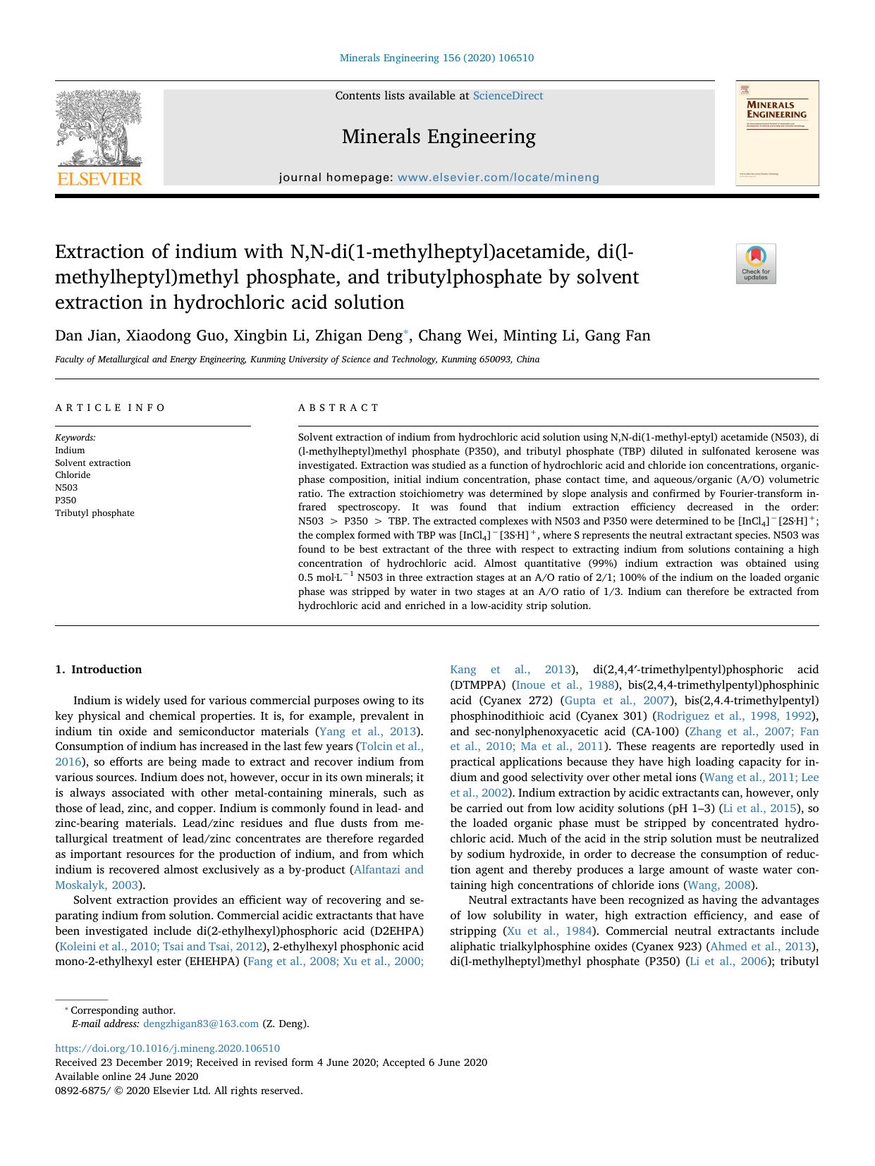 Extraction of indium with N,N-di(1-methylheptyl)acetamide, di(l-methylheptyl)methyl phosphate, and tributylphosphate by solvent extraction in hydrochloric acid solution by Dan Jian & Xiaodong Guo & Xingbin Li & Zhigan Deng & Chang Wei & Minting Li & Gang Fan