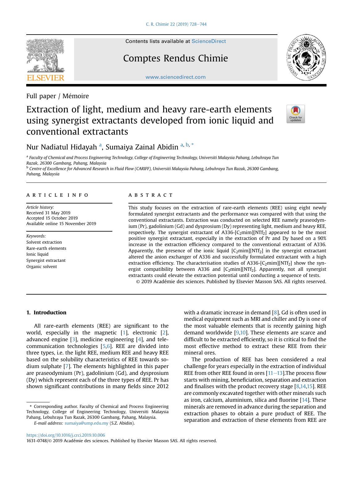 Extraction of light, medium and heavy rare-earth elements using synergist extractants developed from ionic liquid and conventional extractants by Nur Nadiatul Hidayah & Sumaiya Zainal Abidin