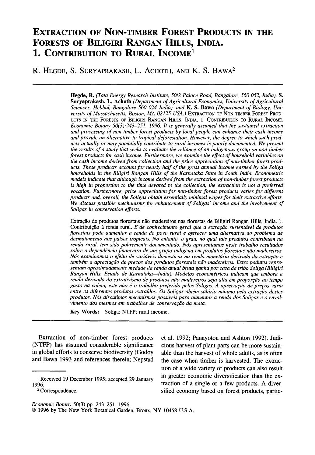 Extraction of non-timber forest products in the forests of Biligiri Rangan Hills, India. 1. Contribution to rural income by Unknown