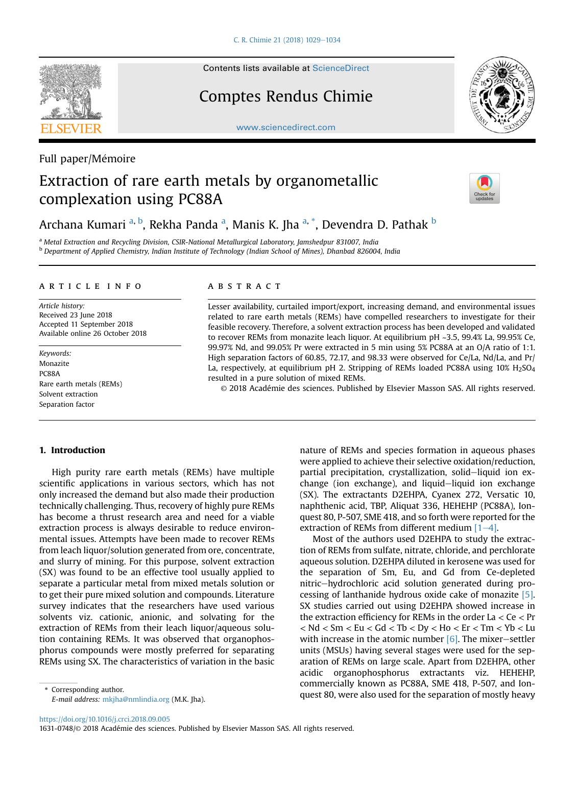 Extraction of rare earth metals by organometallic complexation using PC88A by Archana Kumari