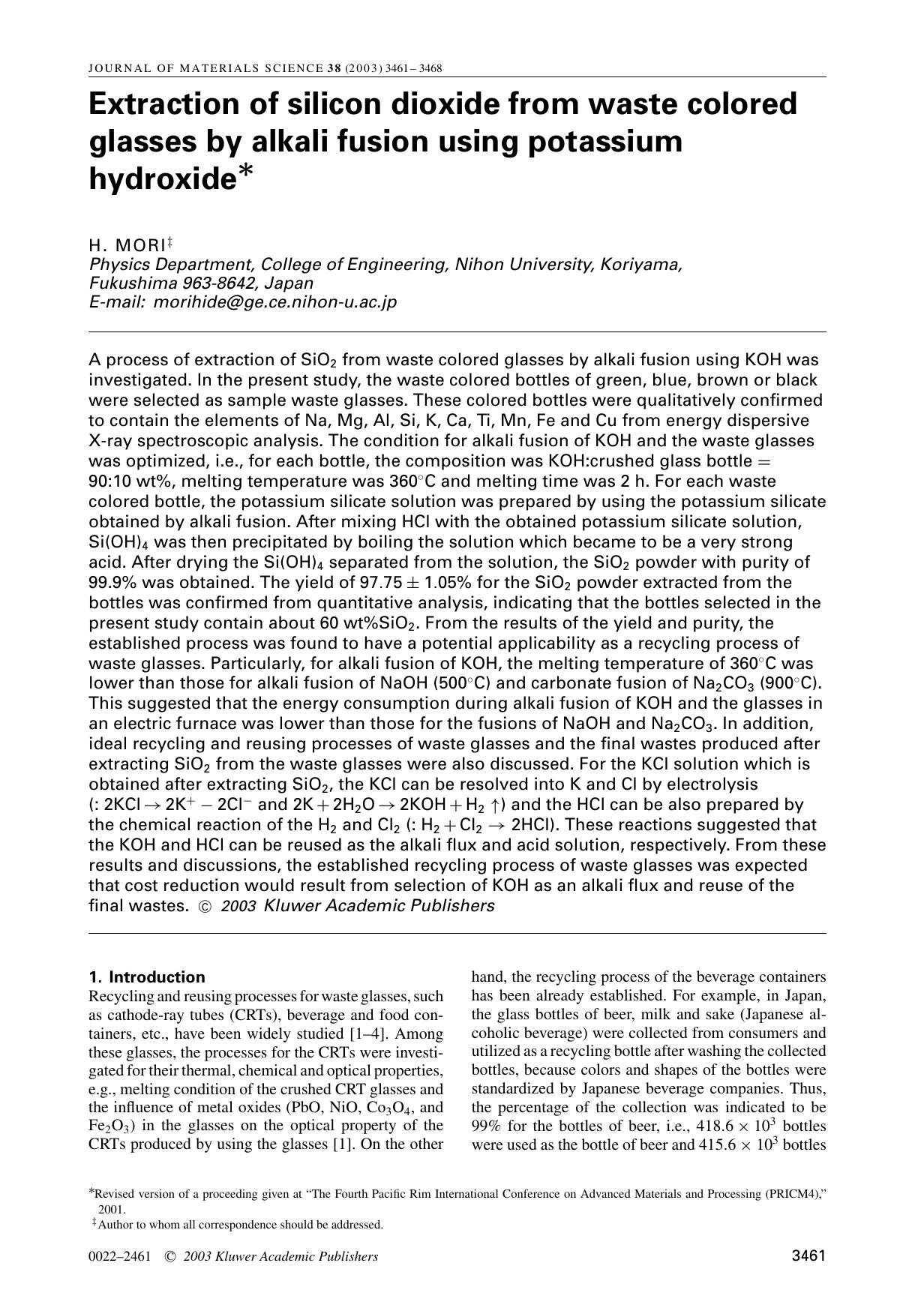 Extraction of silicon dioxide from waste colored glasses by alkali fusion using potassium hydroxide by Unknown