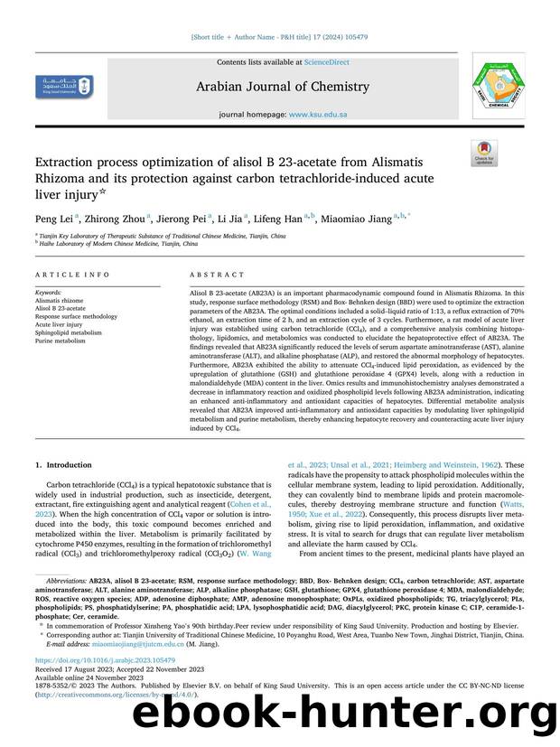 Extraction process optimization of alisol B 23-acetate from Alismatis Rhizoma and its protection against carbon tetrachloride-induced acute liver injury by Peng Lei & Zhirong Zhou & Jierong Pei & Li Jia & Lifeng Han & Miaomiao Jiang