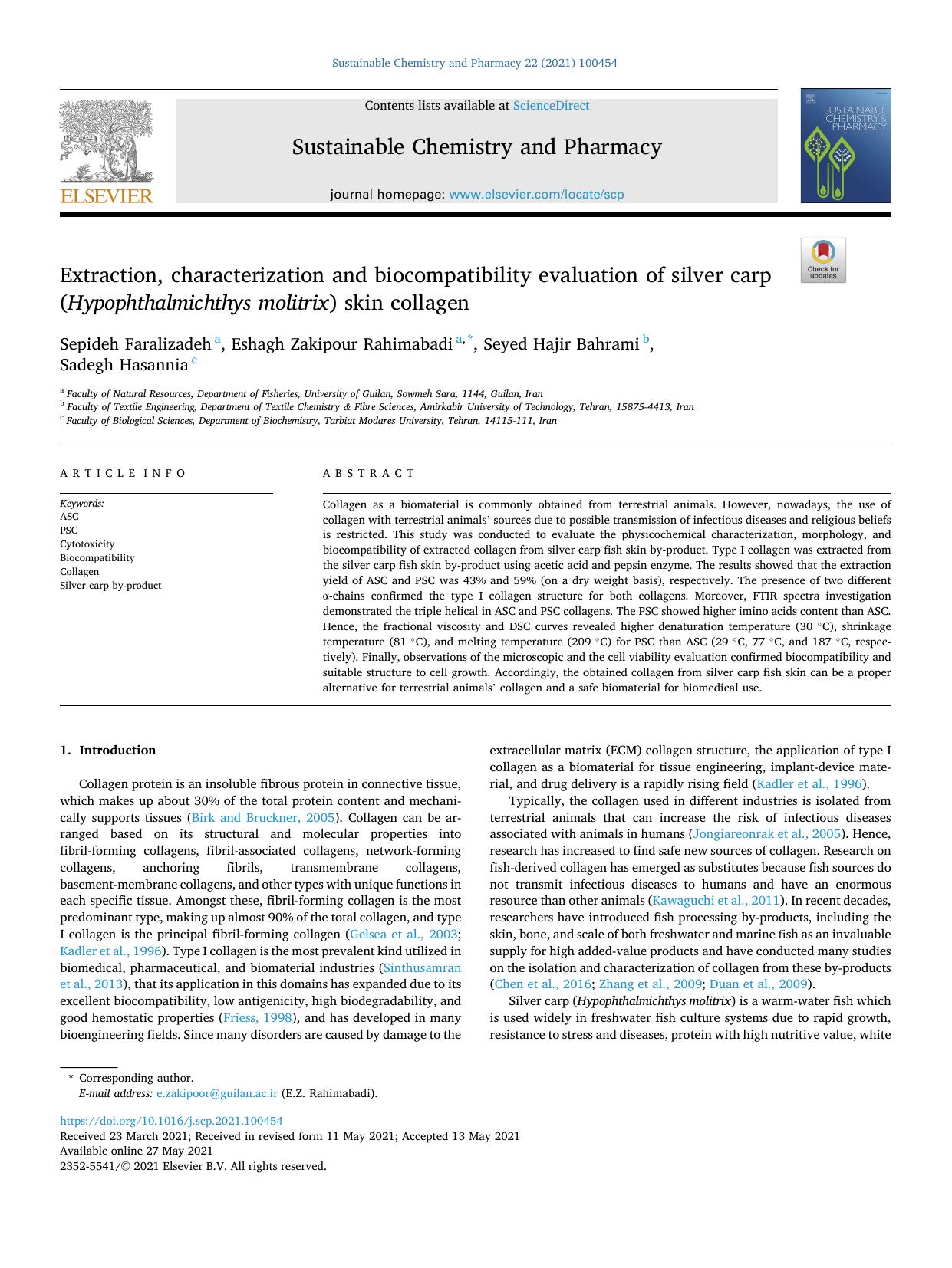 Extraction, characterization and biocompatibility evaluation of silver carp ( Hypophthalmichthys molitrix ) skin collagen by Sepideh Faralizadeh & Eshagh Zakipour Rahimabadi & Seyed Hajir Bahrami & Sadegh Hasannia
