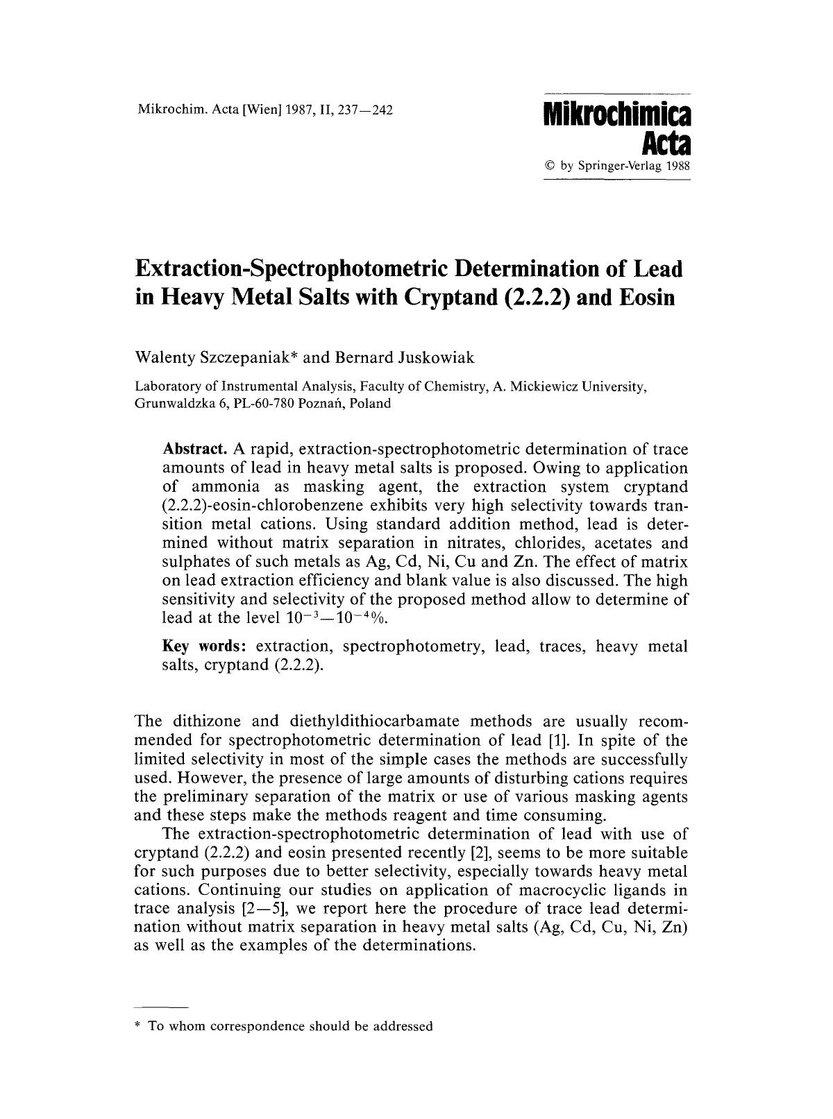Extraction-spectrophotometric determination of lead in heavy metal salts with cryptand (2.2.2) and eosin by Unknown
