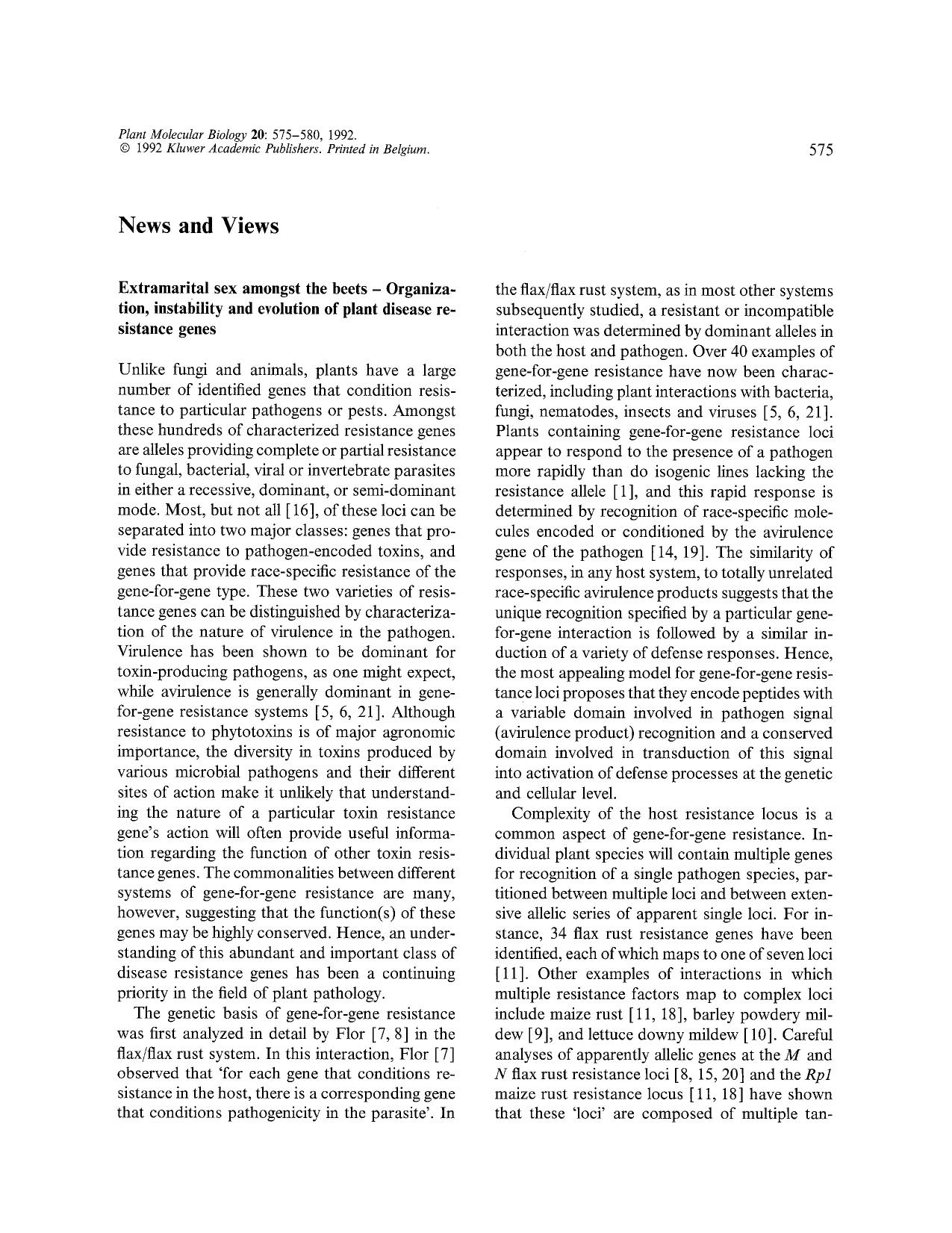 Extramarital sex amongst the beets &#x2014; Organization, instability and evolution of plant disease resistance gennes by Unknown