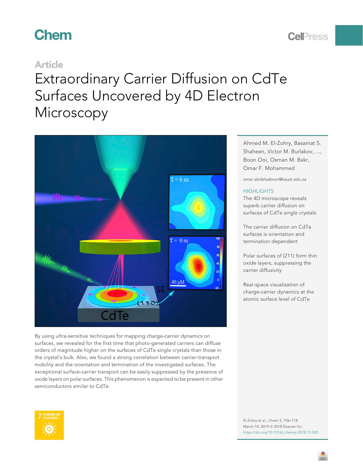 Extraordinary Carrier Diffusion on CdTe Surfaces Uncovered by 4D Electron Microscopy by unknow