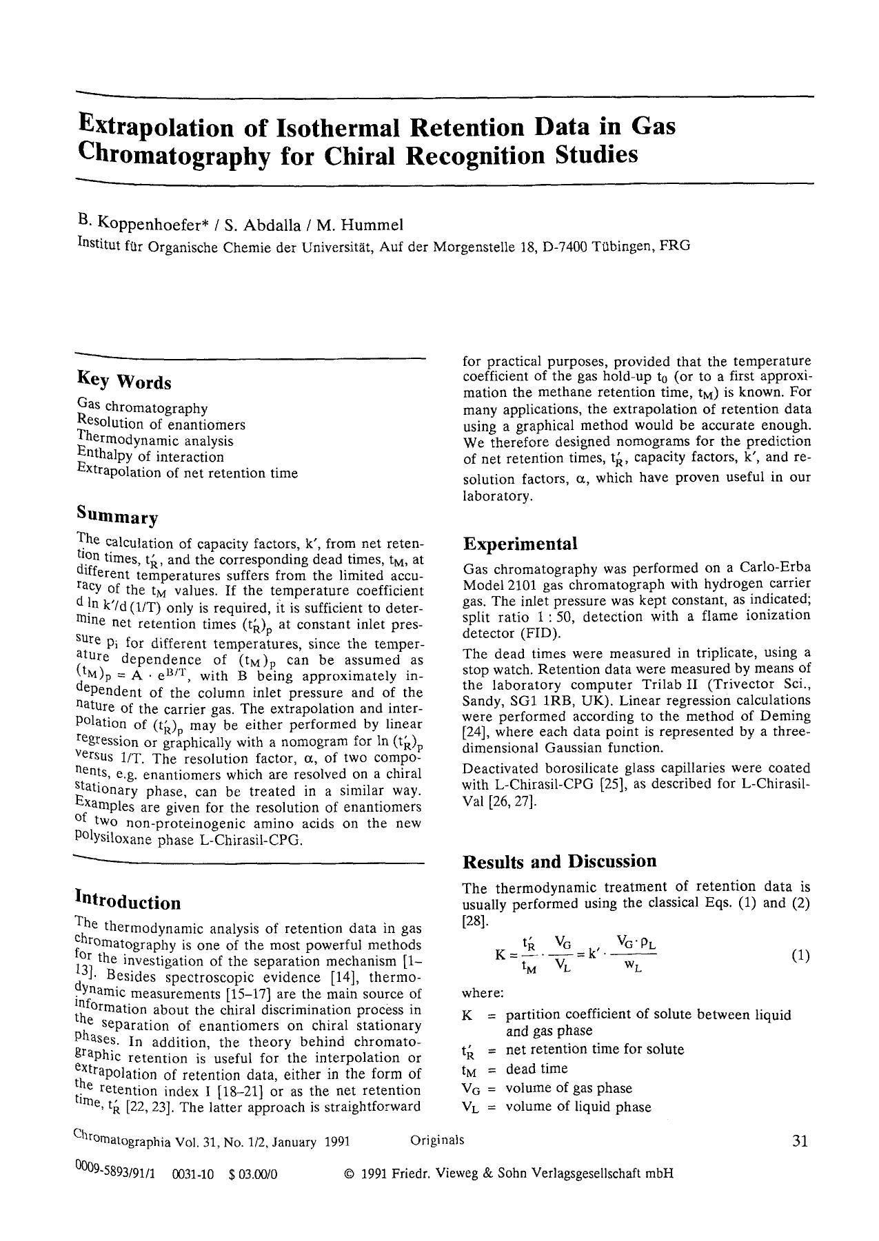 Extrapolation of isothermal retention data in gas chromatography for chiral recognition studies by Unknown