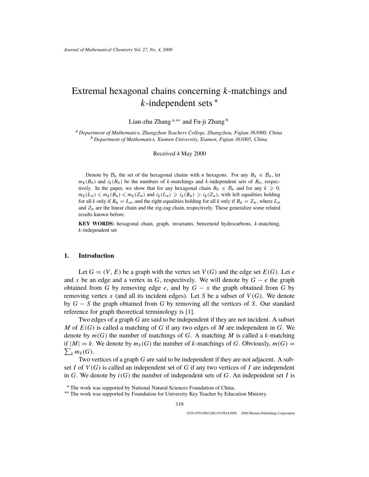 Extremal hexagonal chains concerning k-matchings and k-independent sets by Unknown