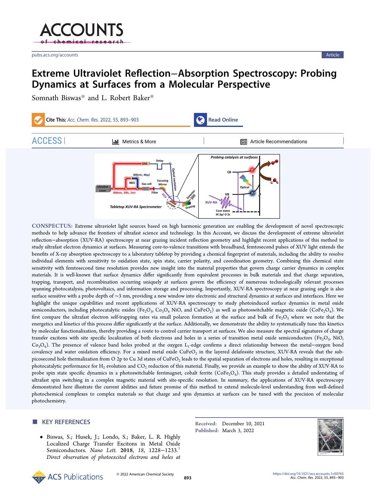 Extreme Ultraviolet ReflectionâAbsorption Spectroscopy: Probing Dynamics at Surfaces from a Molecular Perspective by Somnath Biswas and L. Robert Baker