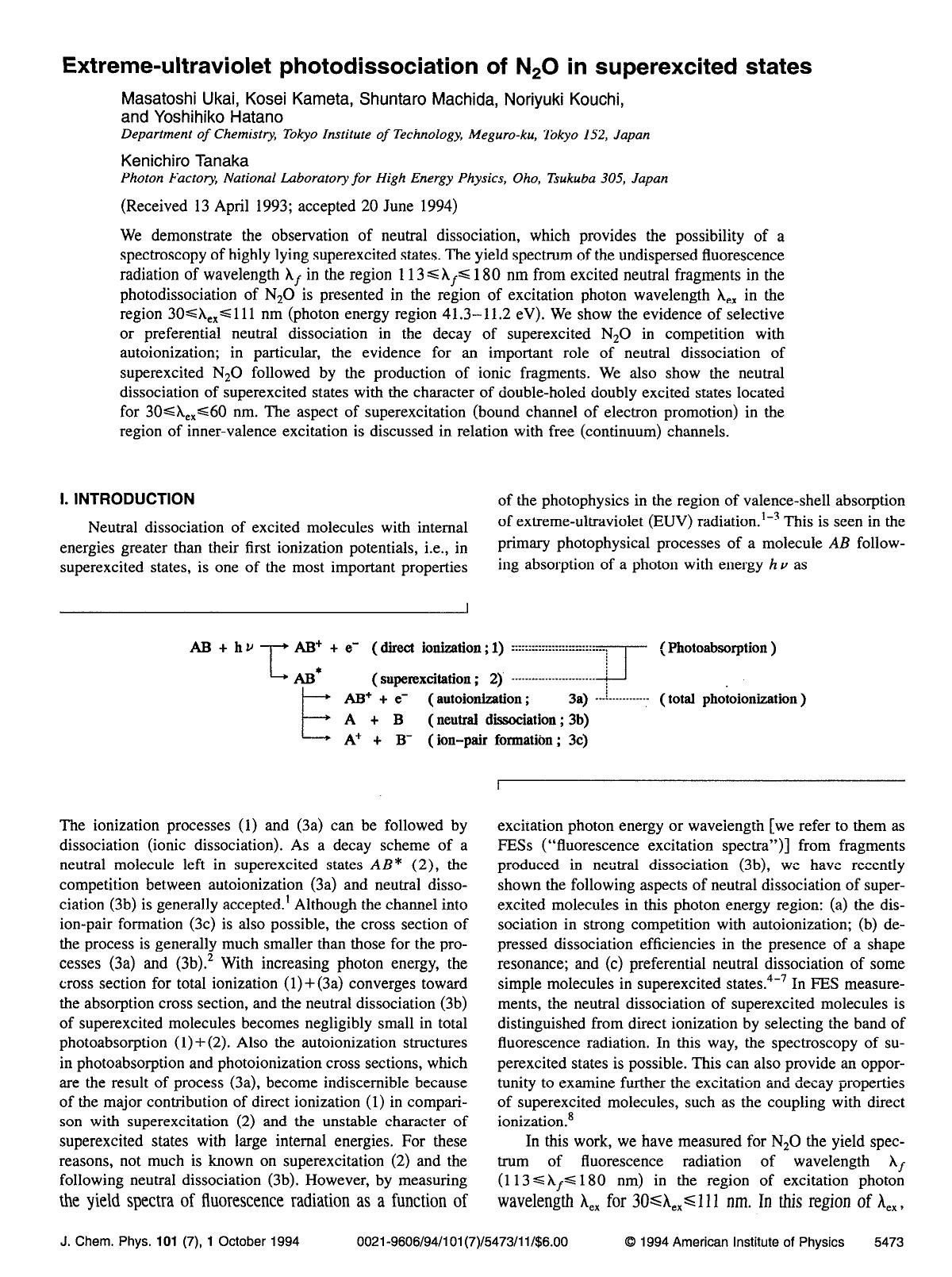 Extreme-ultraviolet photodissociation of N2O in superexcited states by Masatoshi Ukai; Kosei Kameta; Shuntaro Machida; Noriyuki Kouchi; Yoshihiko Hatano; Kenichiro Tanaka