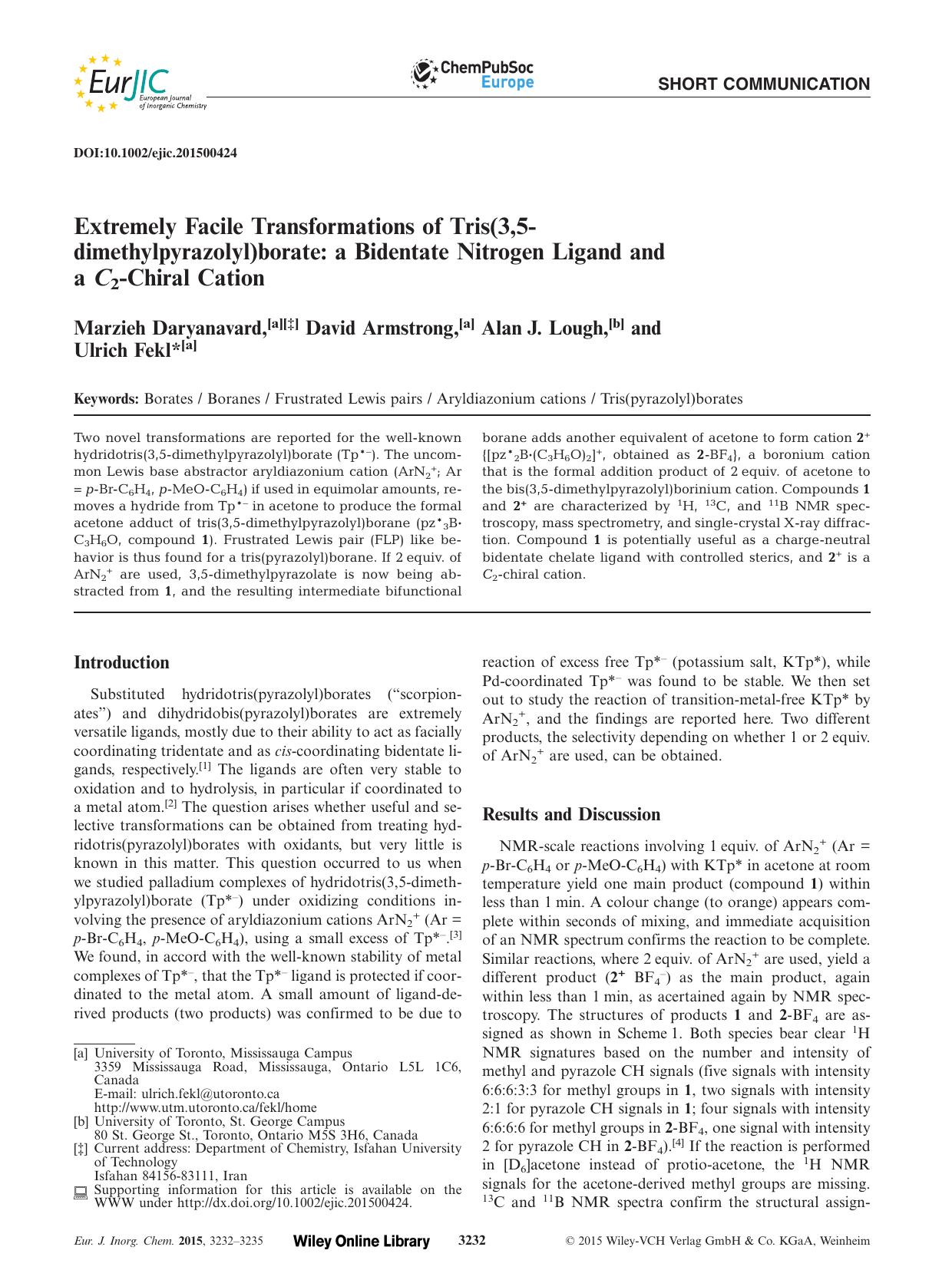 Extremely Facile Transformations of Tris(3,5dimethylpyrazolyl)borate: a Bidentate Nitrogen Ligand and a C2Chiral Cation by Unknown