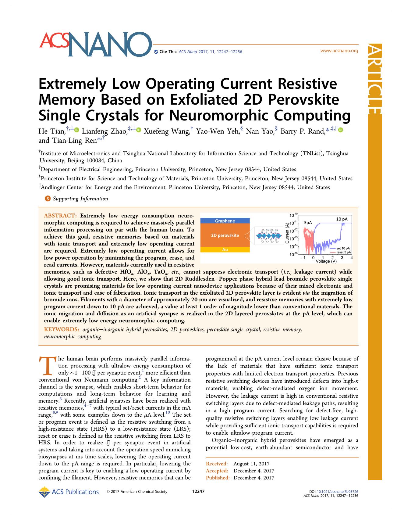 Extremely Low Operating Current Resistive Memory Based on Exfoliated 2D Perovskite Single Crystals for Neuromorphic Computing by He Tian Lianfeng Zhao Xuefeng Wang Yao-Wen Yeh Nan Yao Barry P. Rand and Tian-Ling Ren