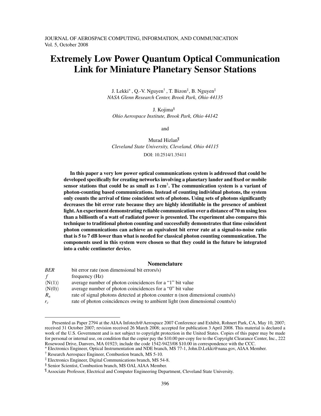 Extremely Low Power Quantum Optical Communication Link for Miniature Planetary Sensor Stations by Unknown