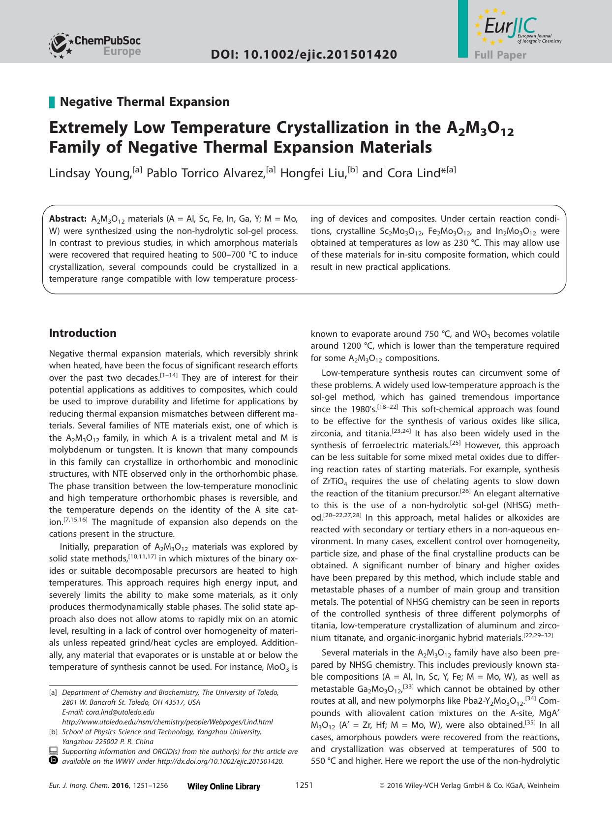 Extremely Low Temperature Crystallization in the A2M3O12 Family of Negative Thermal Expansion Materials by Unknown