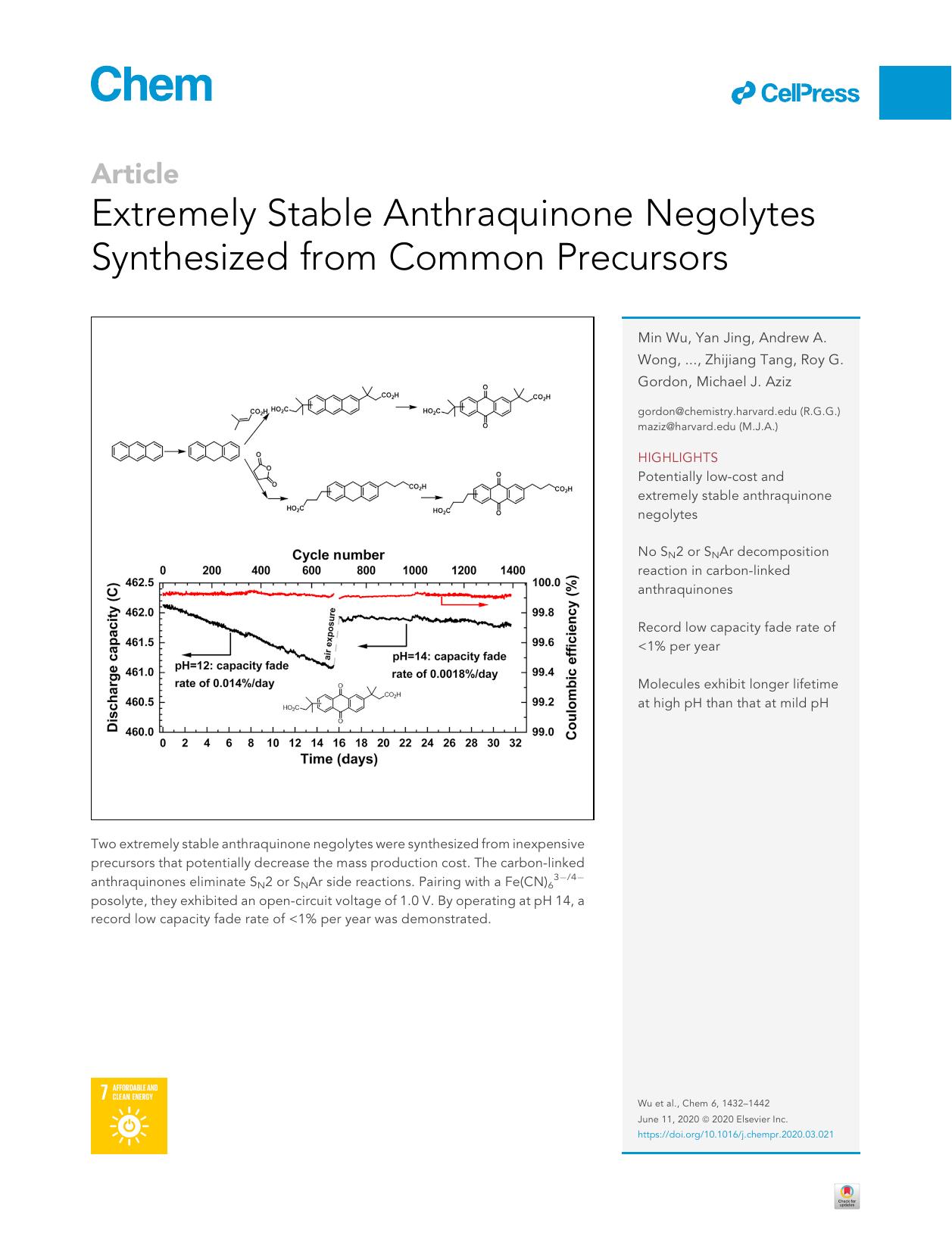Extremely Stable Anthraquinone Negolytes Synthesized from Common Precursors by unknow