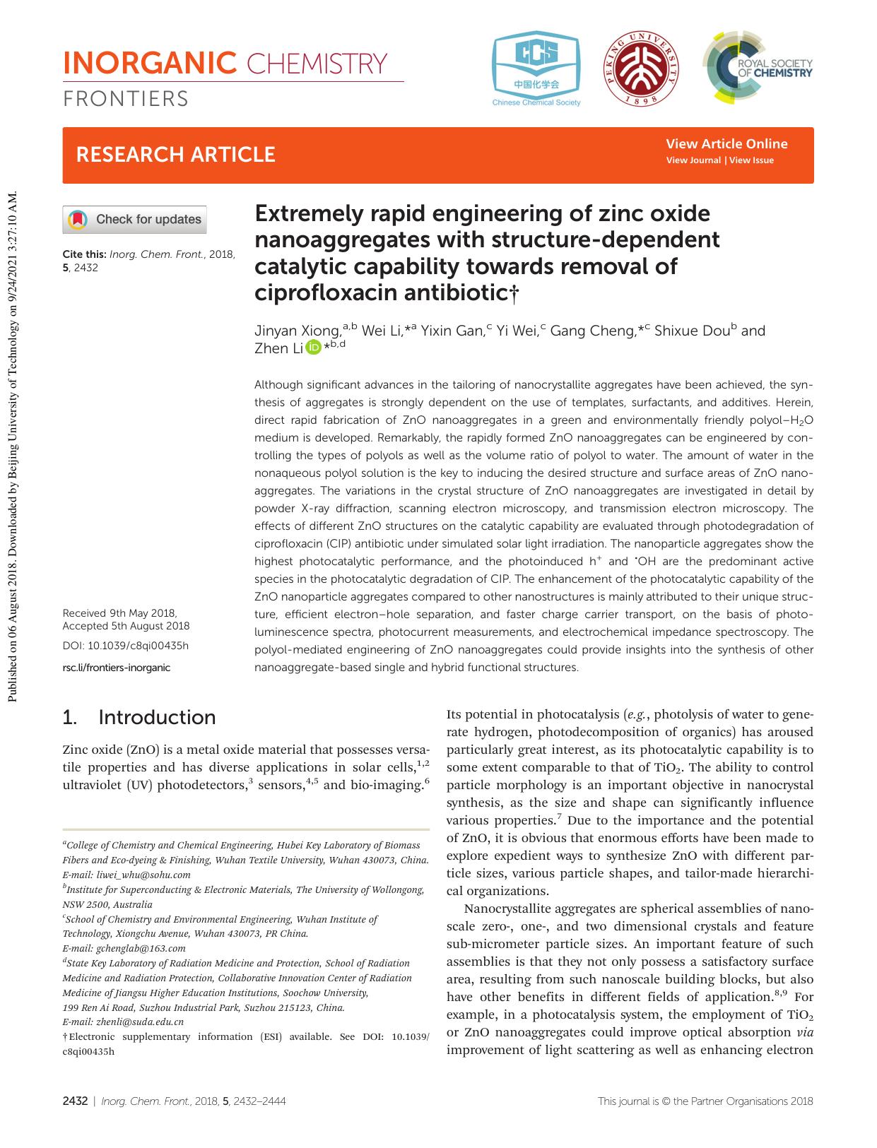 Extremely rapid engineering of zinc oxide nanoaggregates with structure-dependent catalytic capability towards removal of ciprofloxacin antibiotic by Jinyan Xiong Wei Li Yixin Gan Yi Wei Gang Cheng Shixue Dou Zhen Li