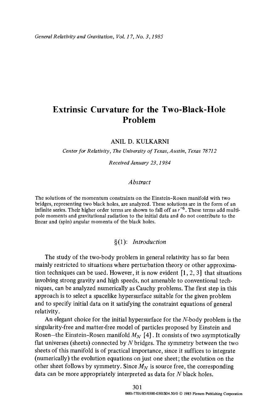 Extrinsic curvature for the two-black-hole problem by Unknown
