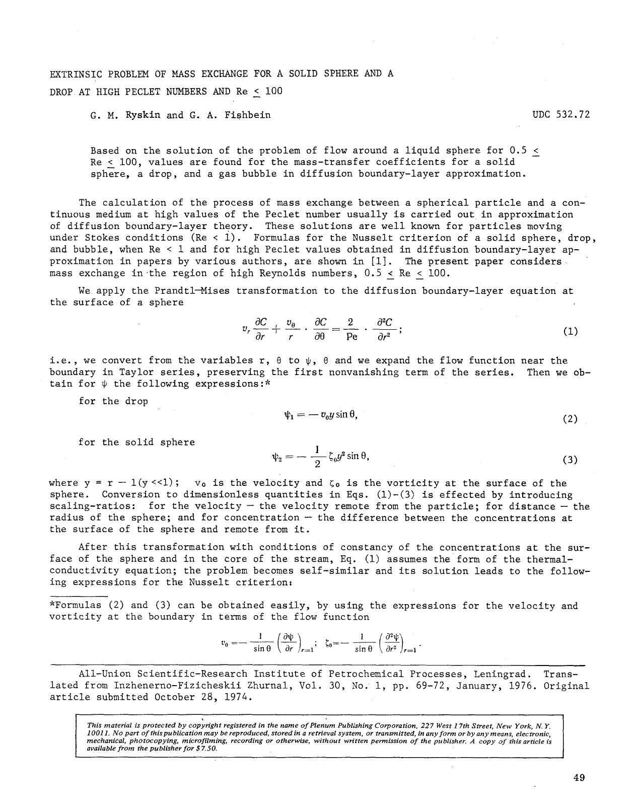 Extrinsic problem of mass exchange for a solid sphere and a drop at high peclet numbers and Re &#x2264;100 by Unknown