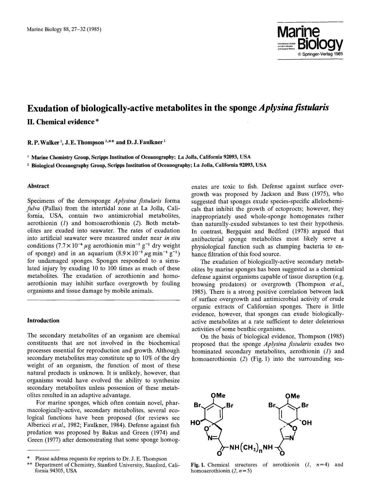 Exudation of biologically-active metabolites in the sponge <Emphasis Type="Italic">Aplysina fistularis<Emphasis> by Unknown