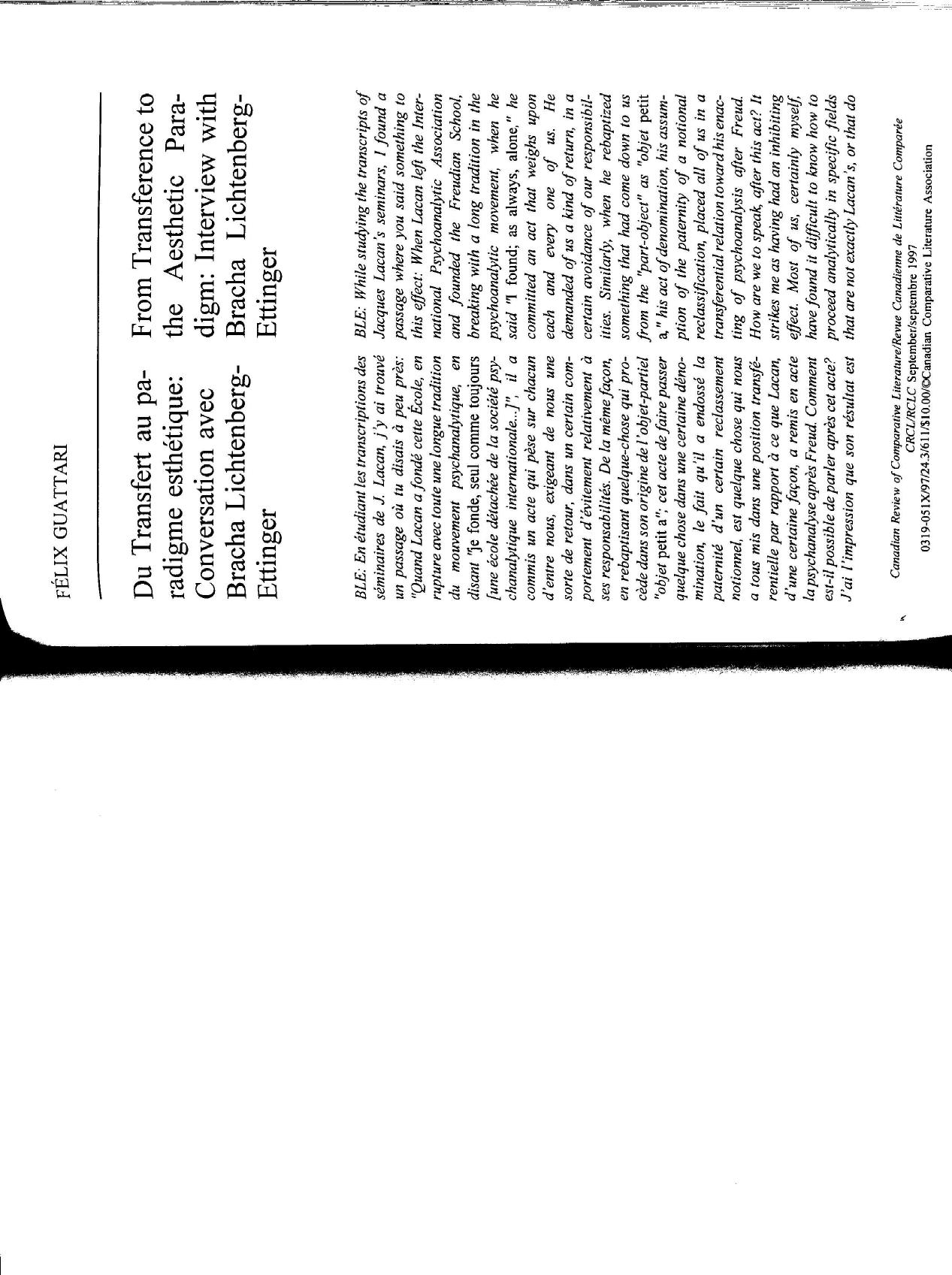 FÃ©lix Guattari And Brache Lichtenberg-Ettinger - From Transference to the Aesthetic Paradigm by Interview & Bracha L