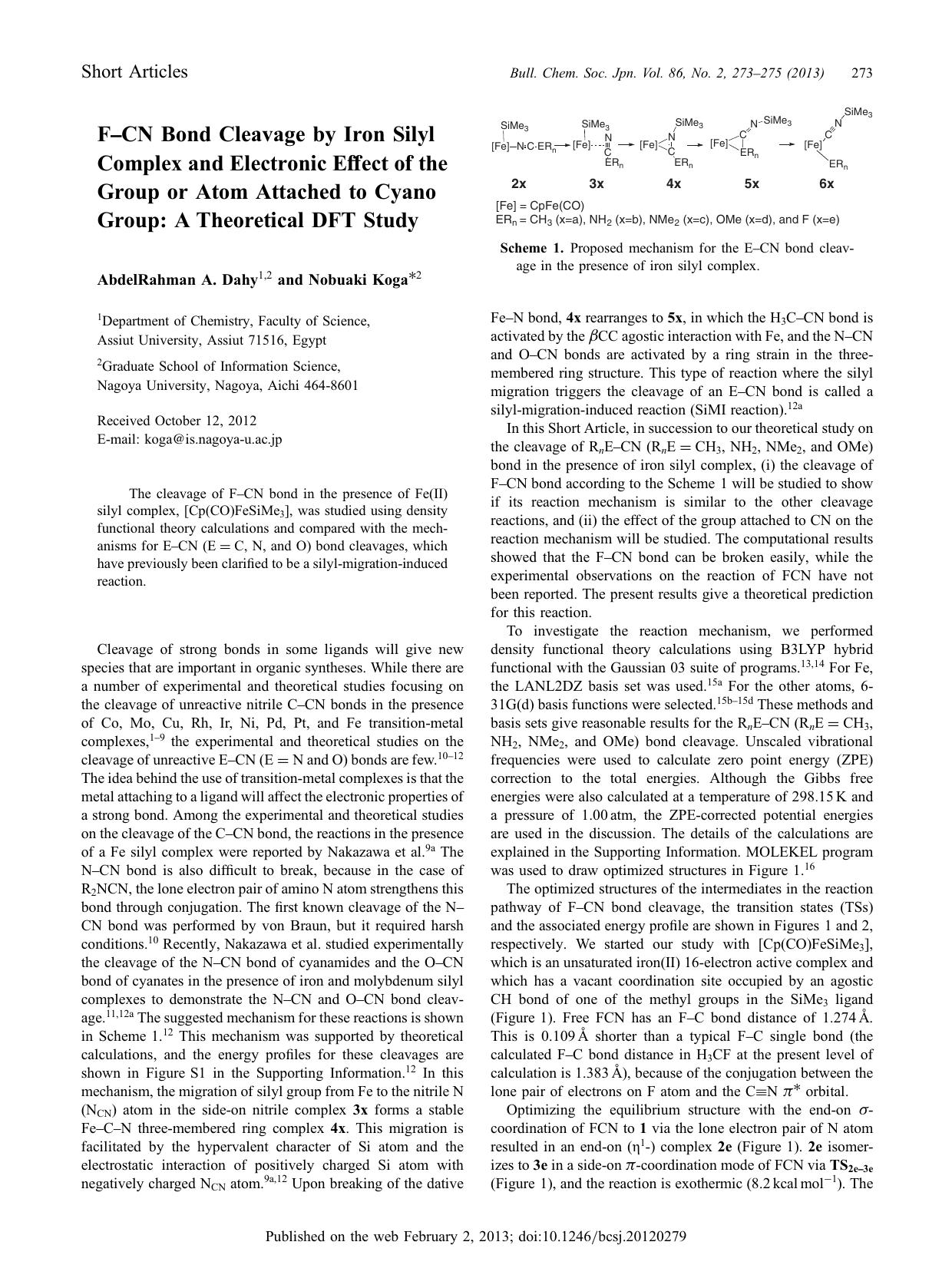 F–CN Bond Cleavage by Iron Silyl Complex and Electronic Effect of the Group or Atom Attached to Cyano Group: A Theoretical DFT Study by AbdelRahman A. Dahy Nobuaki Koga