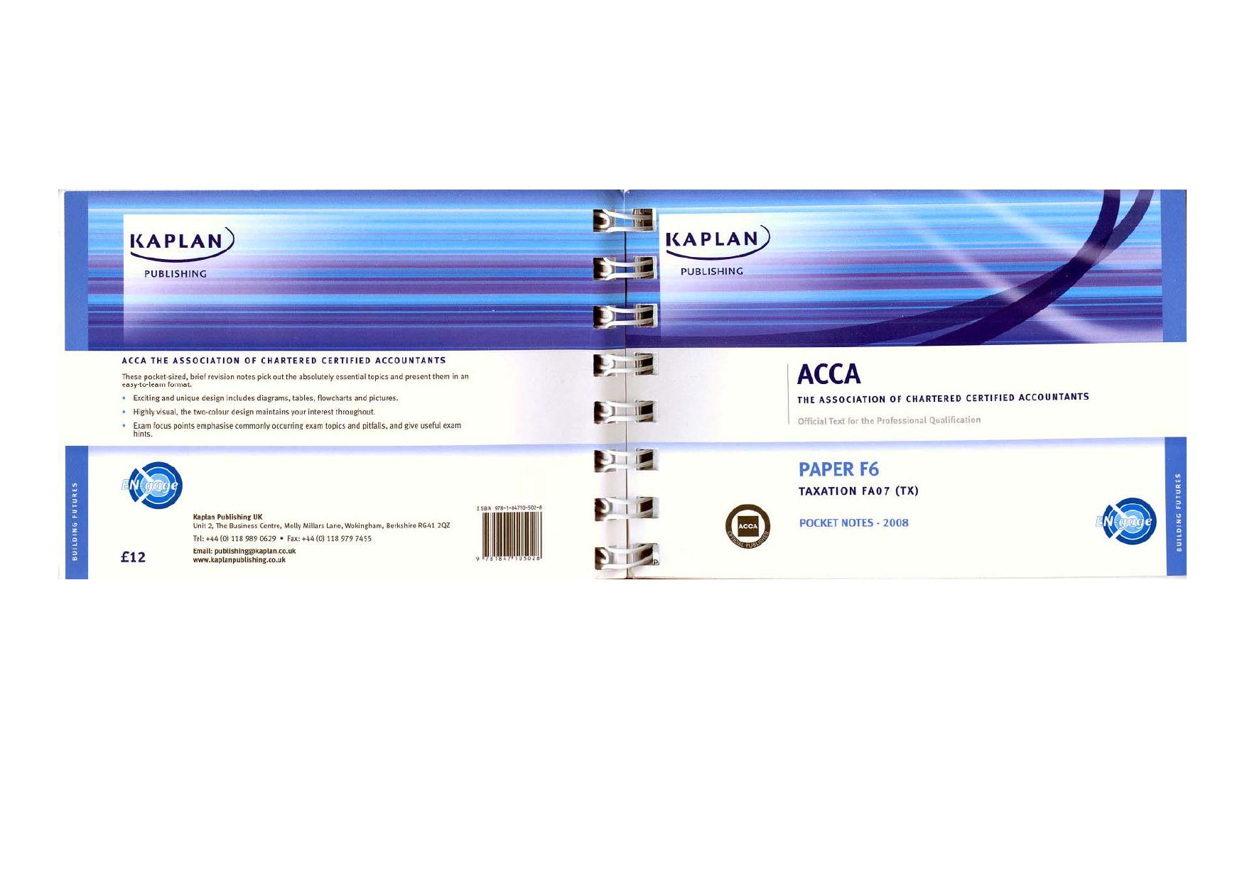 F6 Taxation TX (FA 07) - Pocket Notes (Acca) by Kaplan Publishing