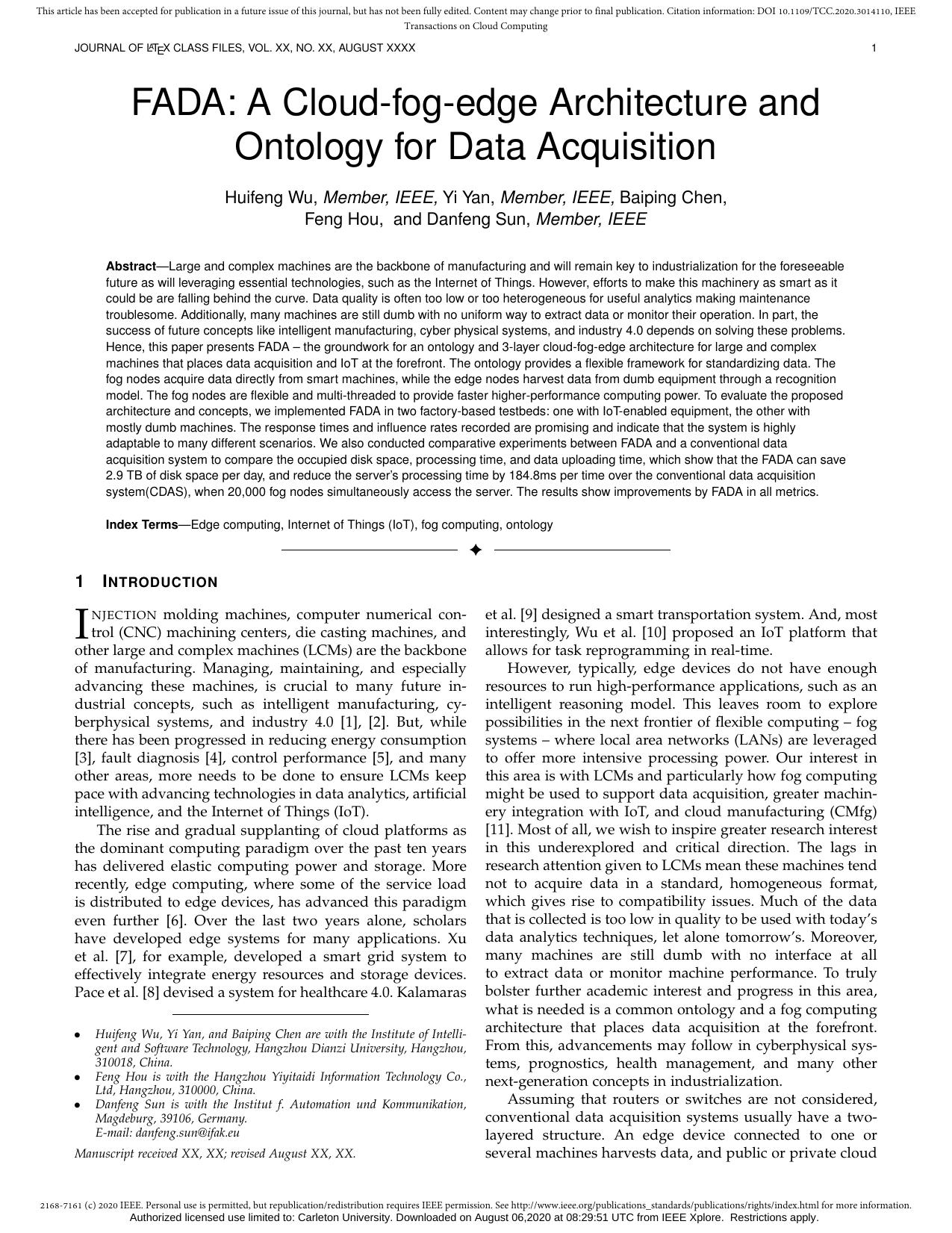 FADA: A Cloud-fog-edge Architecture and Ontology for Data Acquisition by Unknown