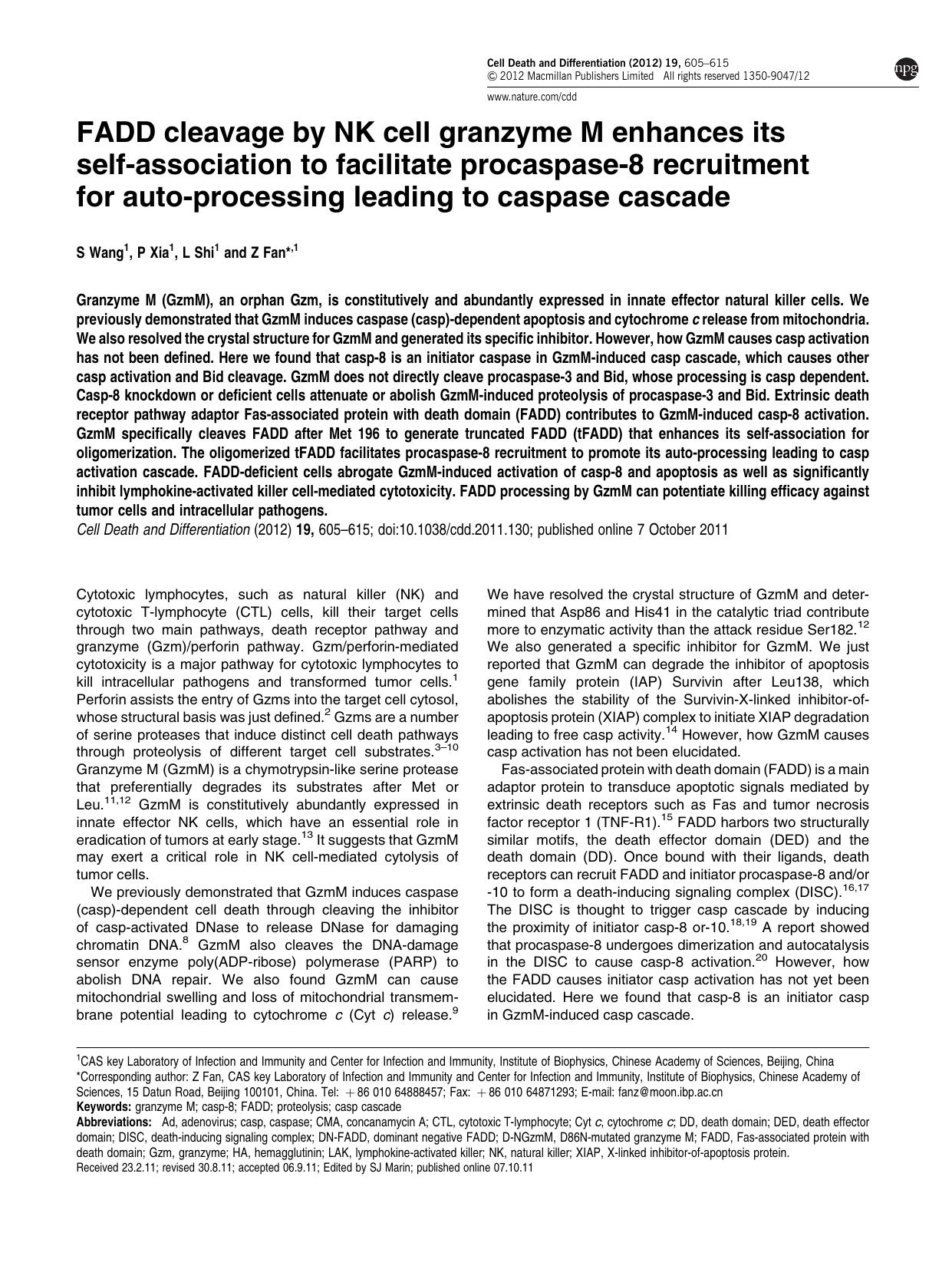FADD cleavage by NK cell granzyme M enhances its self-association to facilitate procaspase-8 recruitment for auto-processing leading to caspase cascade by S Wang & P Xia & L Shi & Z Fan