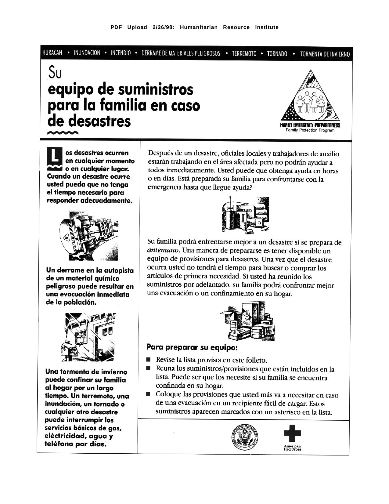 FAMILY DISASTER SUPPLIES KIT - SPANISH by Unknown