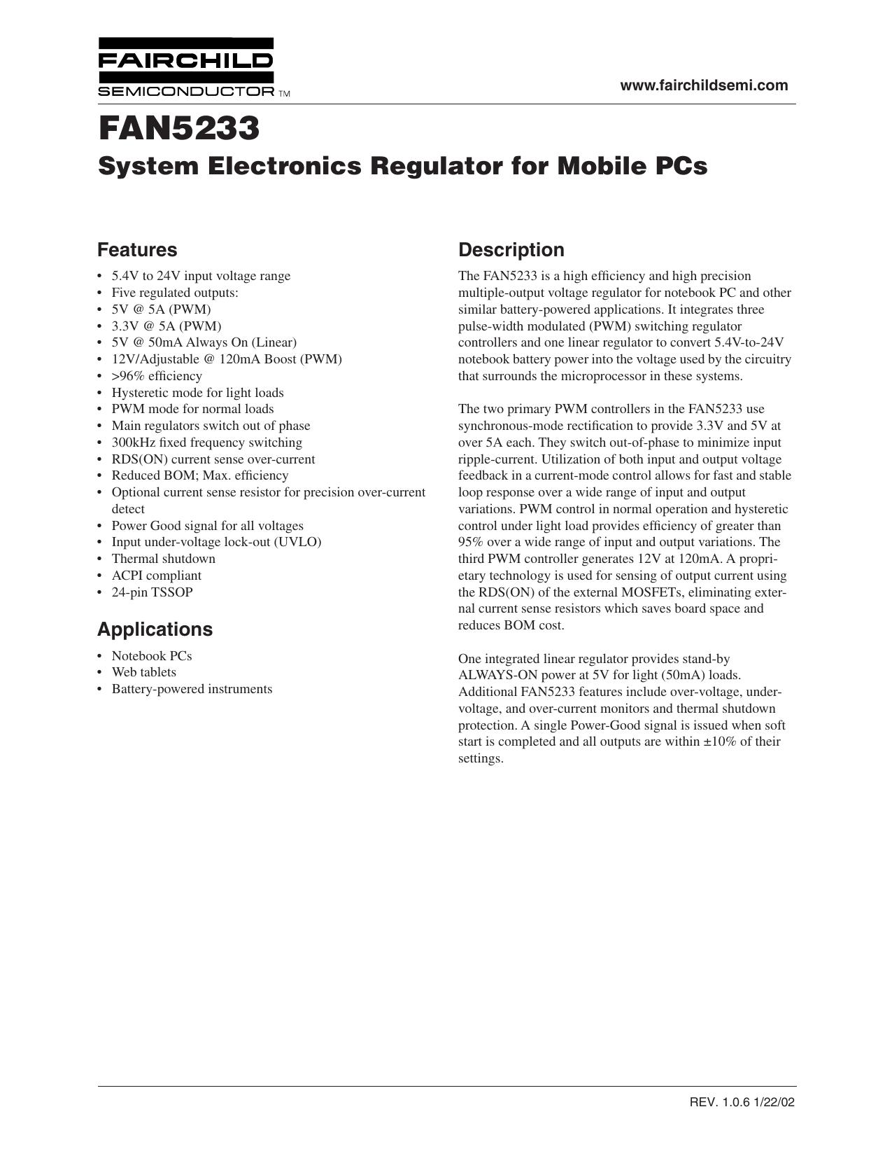 FAN5233 System Electronics Regulator for Mobile PCs by Unknown