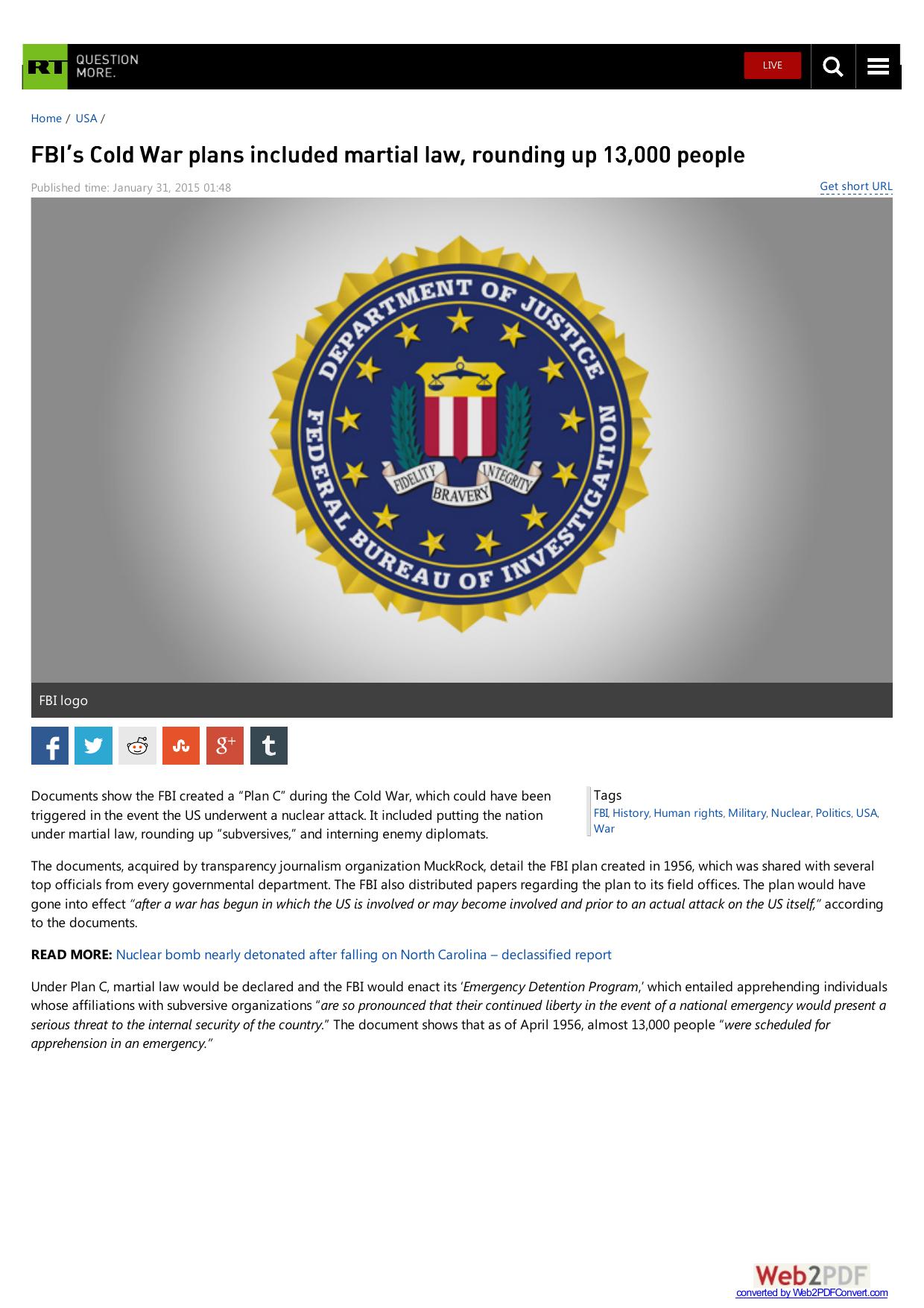 FBI’s Cold War plans included martial law, rounding up 13,000 people — RT USA by rt-com
