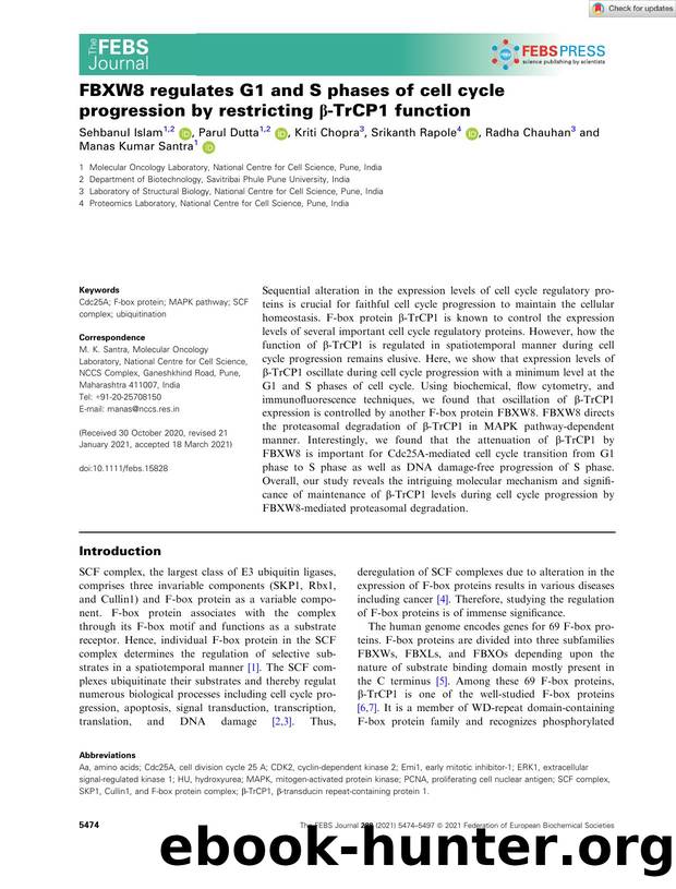 FBXW8 regulates G1 and S phases of cell cycle progression by restricting Î²âTrCP1 function by Unknown